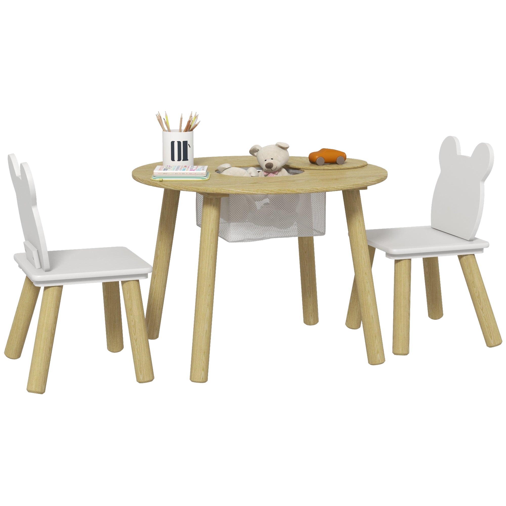AIYAPLAY 3 Pieces Kids Activity Table Set with Centre Mesh Bag, Bear Shaped Backrest, for Arts, Reading, Dining - North Peak Garden Furniture
