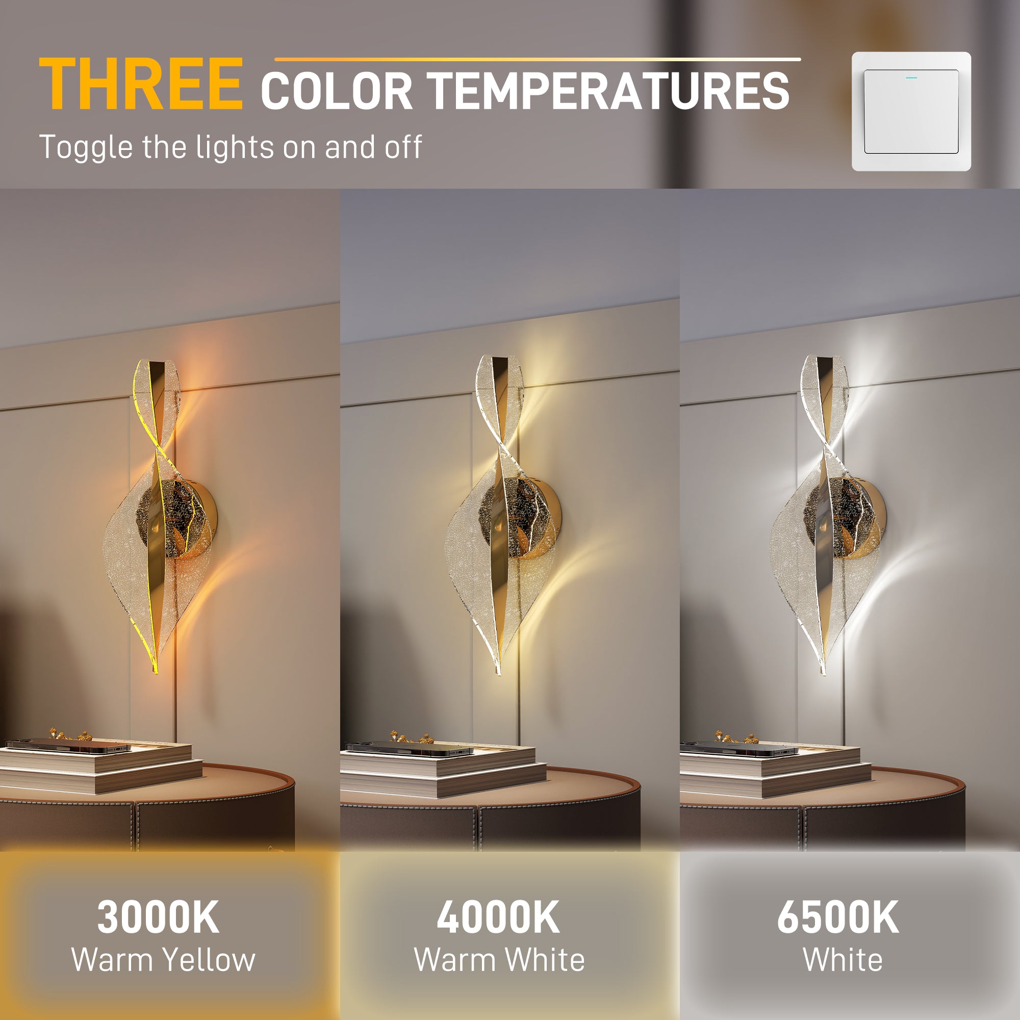 HOMCOM Led Wall Lamp 2 Pack, 13W Modern Indoor Spiral Wall Light, Colour Temperature Adjustable 3000K/4000K/6500K, for Bedroom, Living Room, Hallway, Stairs, Gold Tone - North Peak Garden Furniture