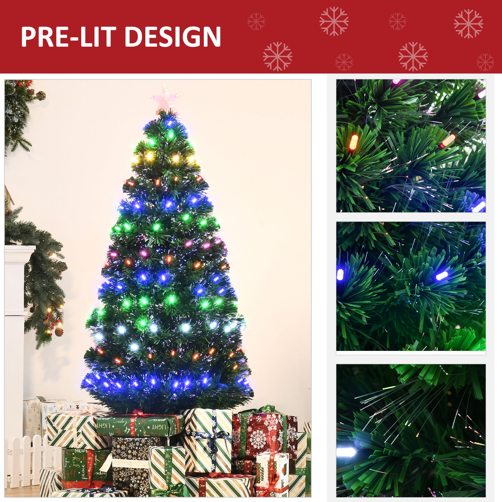 HOMCOM 5FT Pre-Lit Artificial Christmas Tree w/ Lights Star Topper Metal Base Home Seasonal Decoration - North Peak Garden Furniture