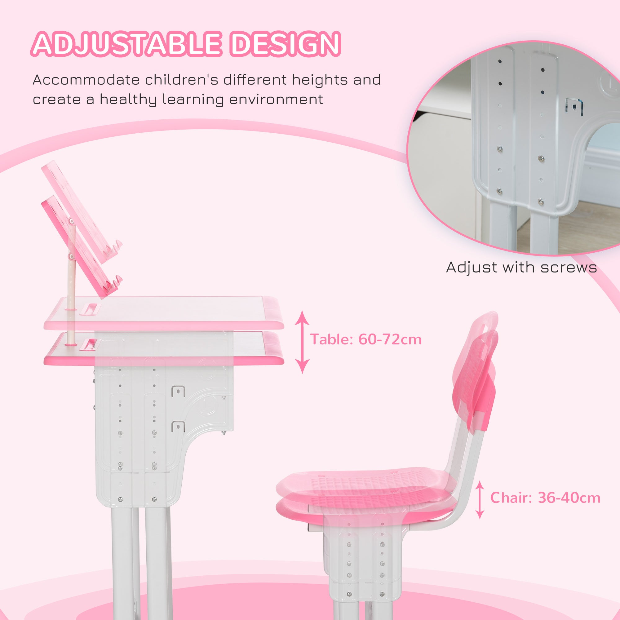 HOMCOM Kids Adjustable Desk and Chair Set, Book Stand, Pen Slot - Pink - North Peak Garden Furniture