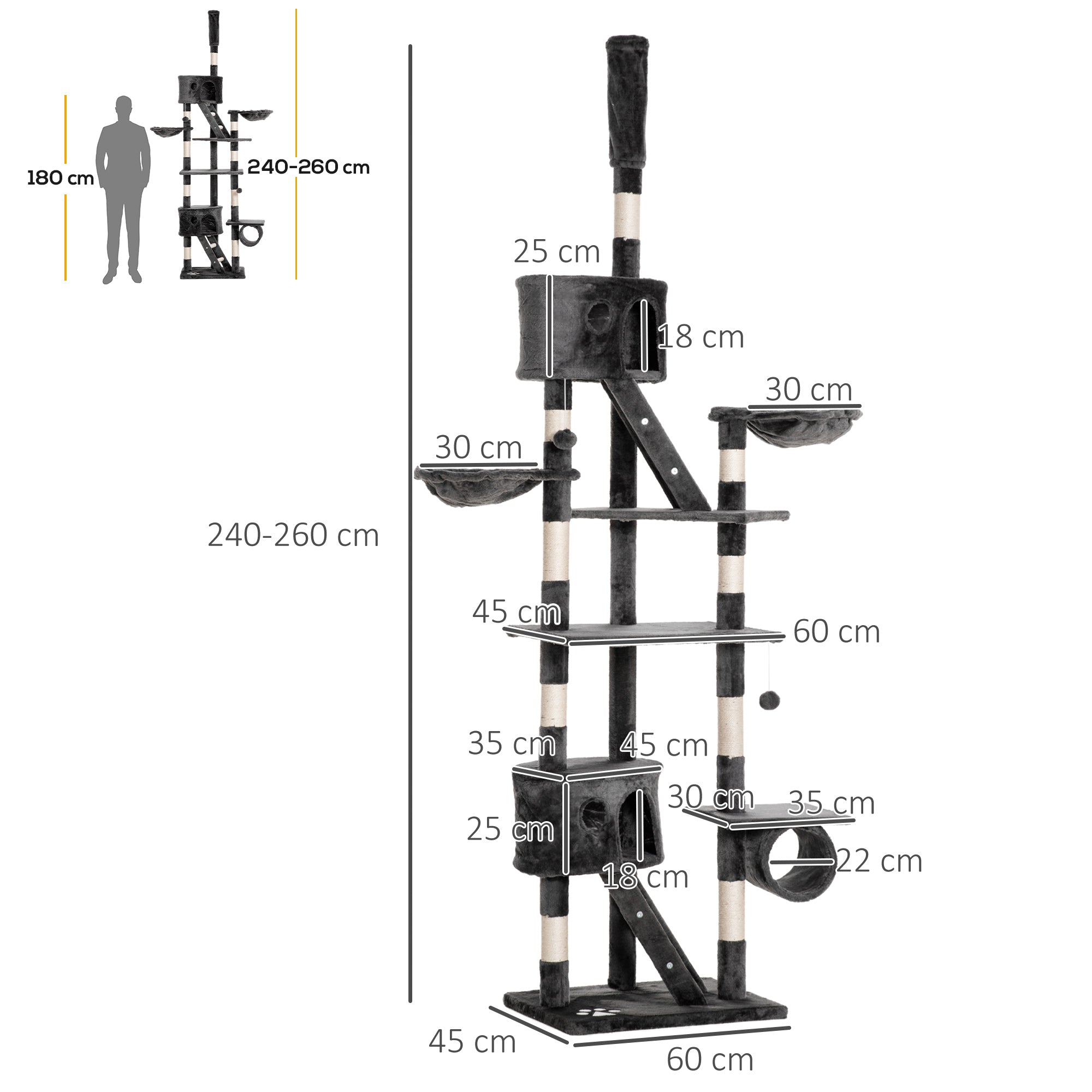 PawHut Floor-to-Ceiling Cat Tree for Indoor Cats, 240-260cm Adjustable Cat Tree - Dark Grey - North Peak Garden Furniture