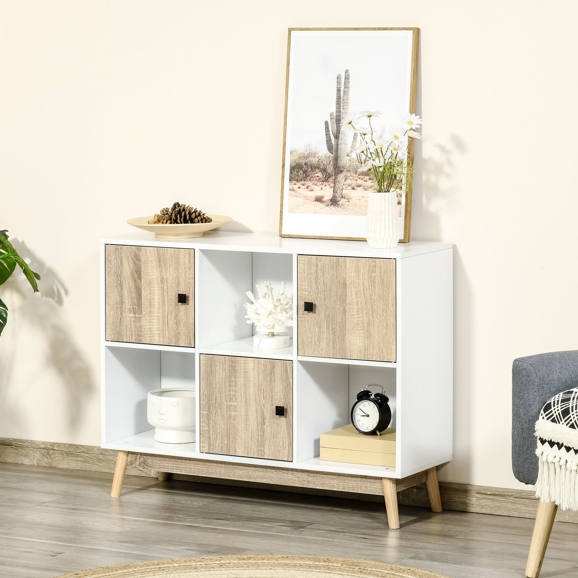 HOMCOM Storage Cabinet, Bookcase, Display Shelf with 6 Storage Cubes & Doors for Dining Room, Living Room, Natural - North Peak Garden Furniture