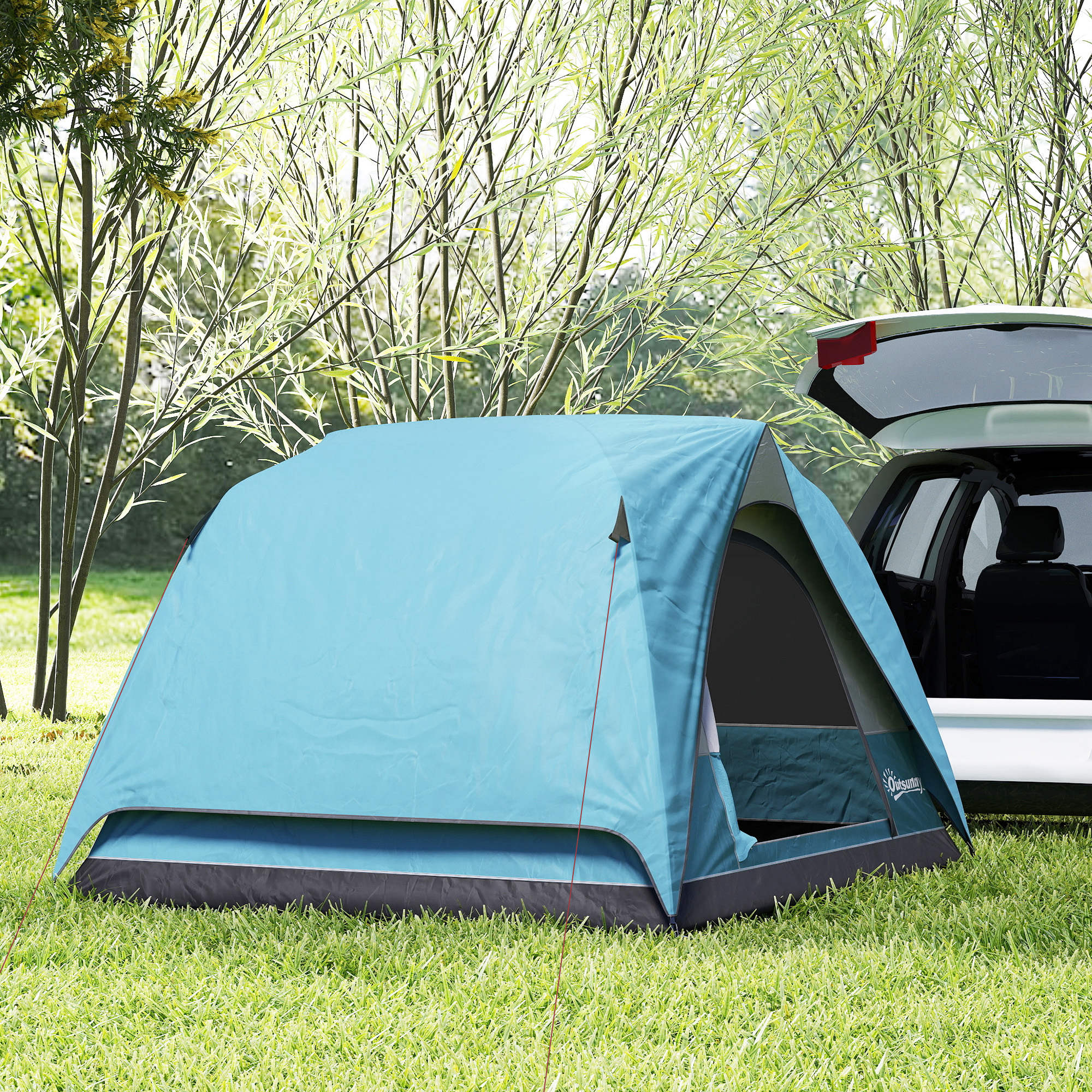 Outsunny 3-4 Person Camping Tent, Easy Set Up Waterproof Dome Tent with Sewn-in Groundsheet, Mesh Windows, Pocket and Hook for Camping, Hiking, Backpacking, Navy Blue and Light Blue - North Peak Garden Furniture