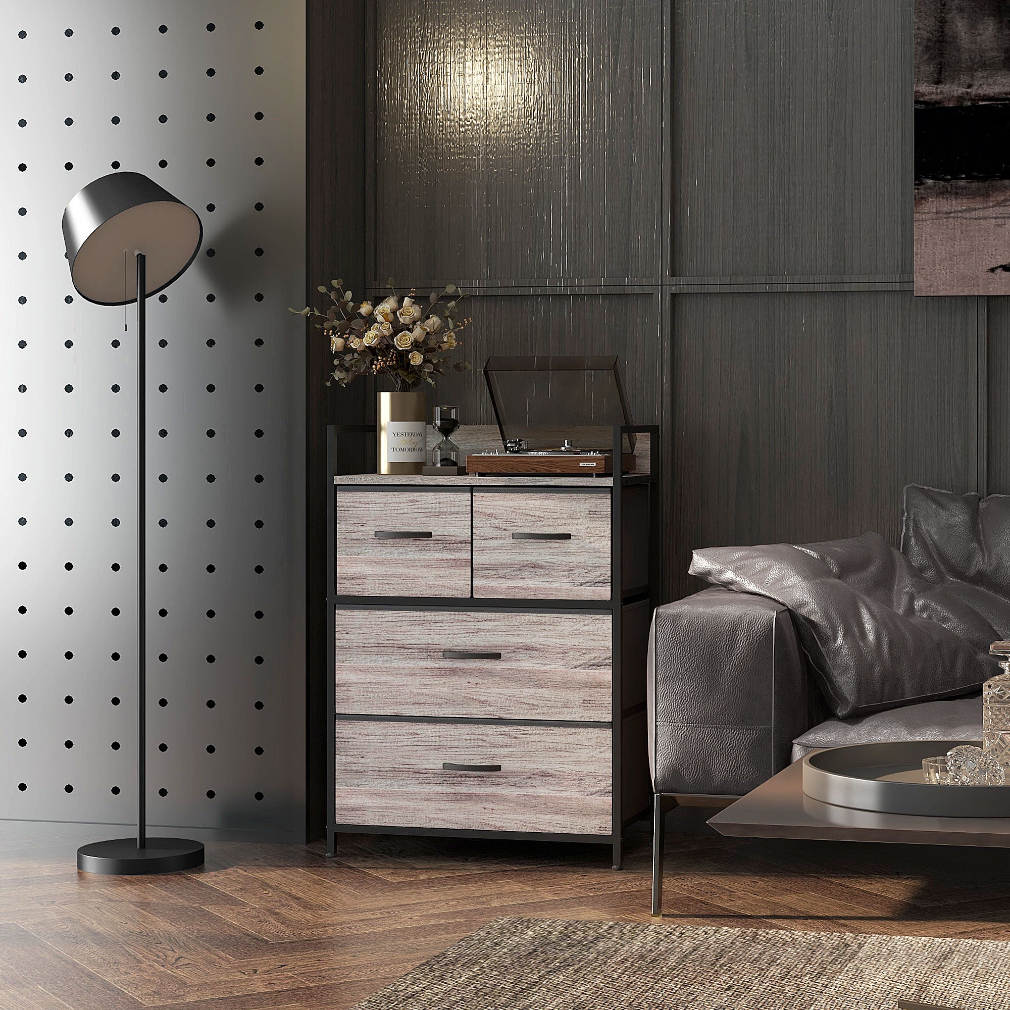 HOMCOM Rustic Chest of Four Fabric Drawers - Grey Wood Effect - North Peak Garden Furniture