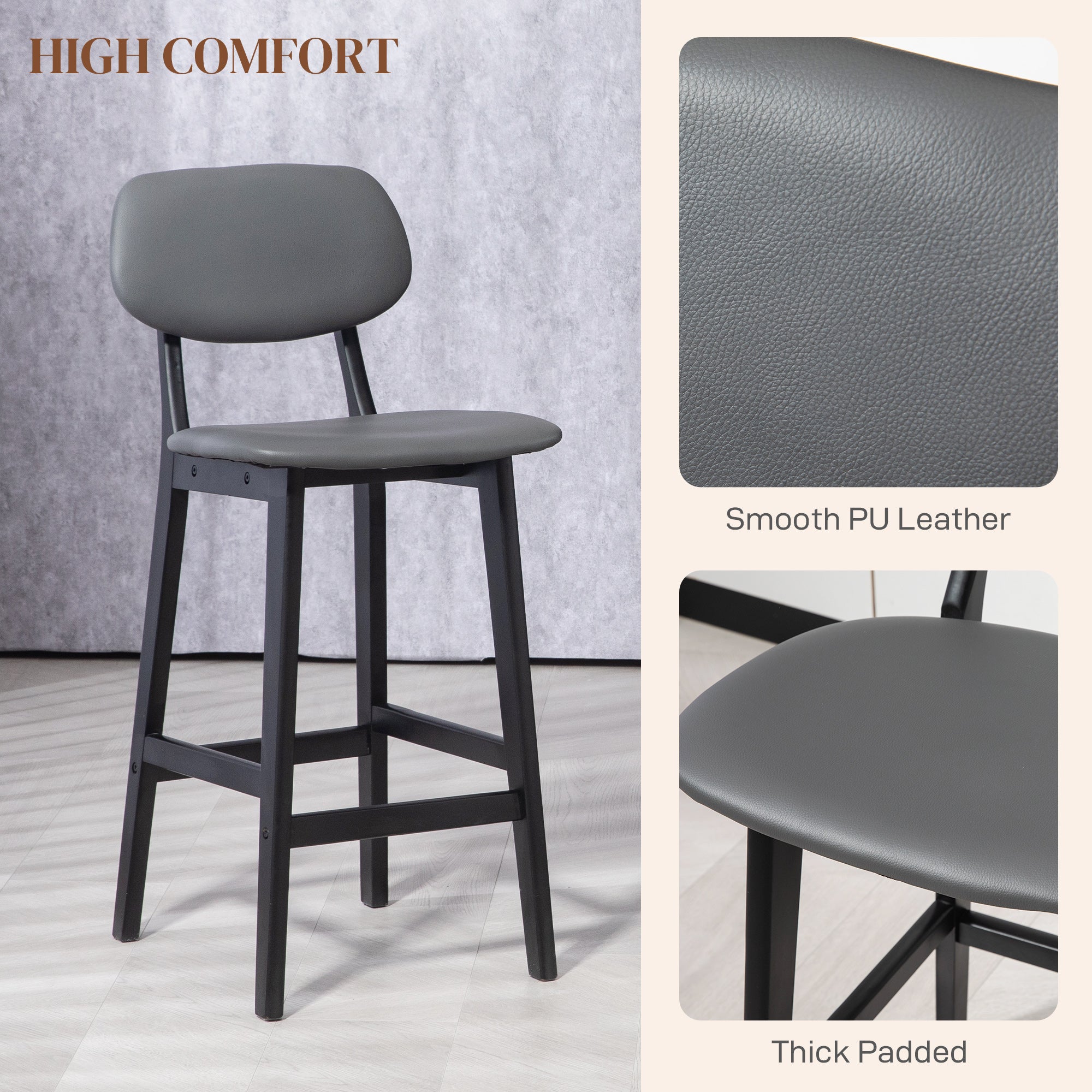 HOMCOM Bar Stools Set of 2, Contemporary Breakfast Bar Chairs, Faux Leather Upholstered Kitchen Stools with Backs and Solid Wood Legs, Dark Grey - North Peak Garden Furniture