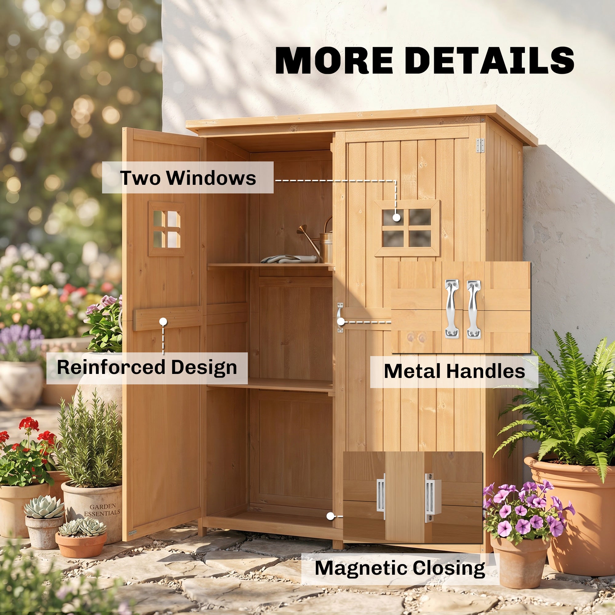 Outsunny Wooden Garden Shed with Two Windows, Tool Storage Cabinet, Outdoor Double Door Organizer 127.5L x 50W x 164H cm, Natural