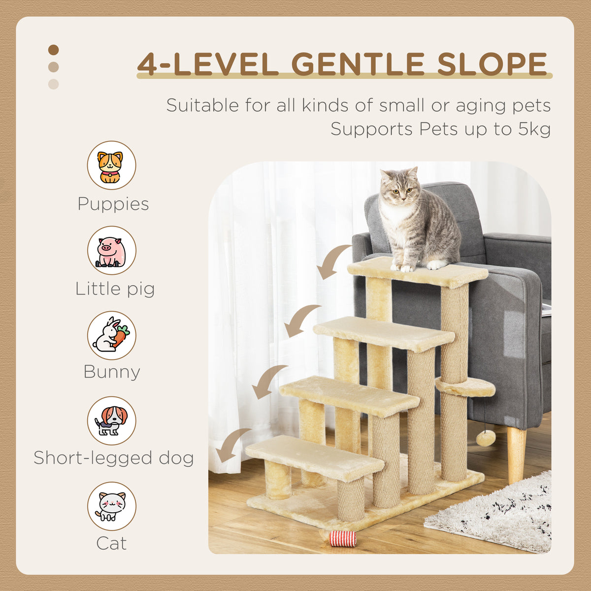 PawHut 4-step Pet Stairs with Scratching Posts, Platforms, Toy Ball, Beige