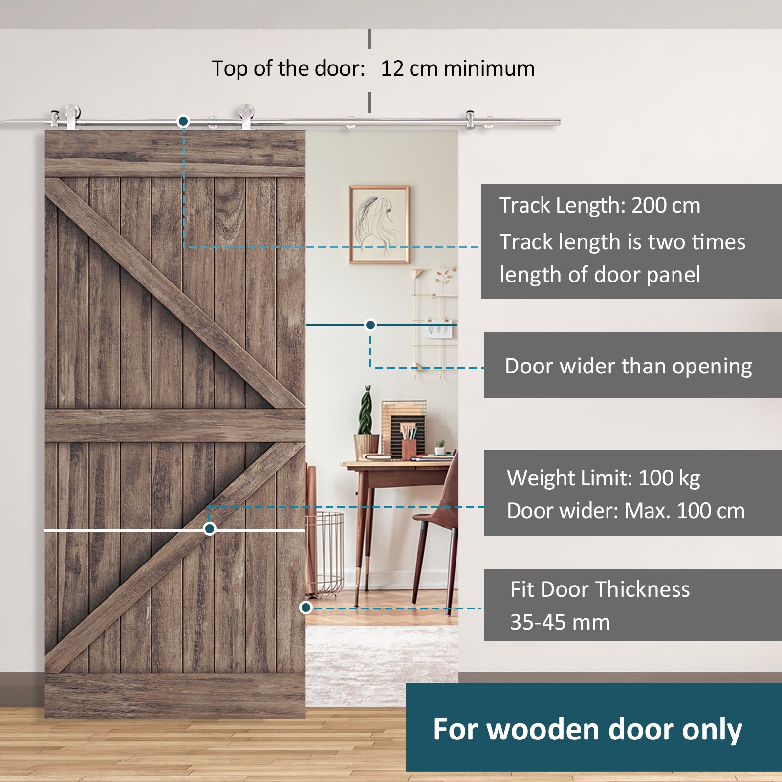 HOMCOM Wooden Sliding Door Kit Stainless Steel Smooth Operation Hardware Track Kit System Unit For Single Door 2000mm - North Peak Garden Furniture