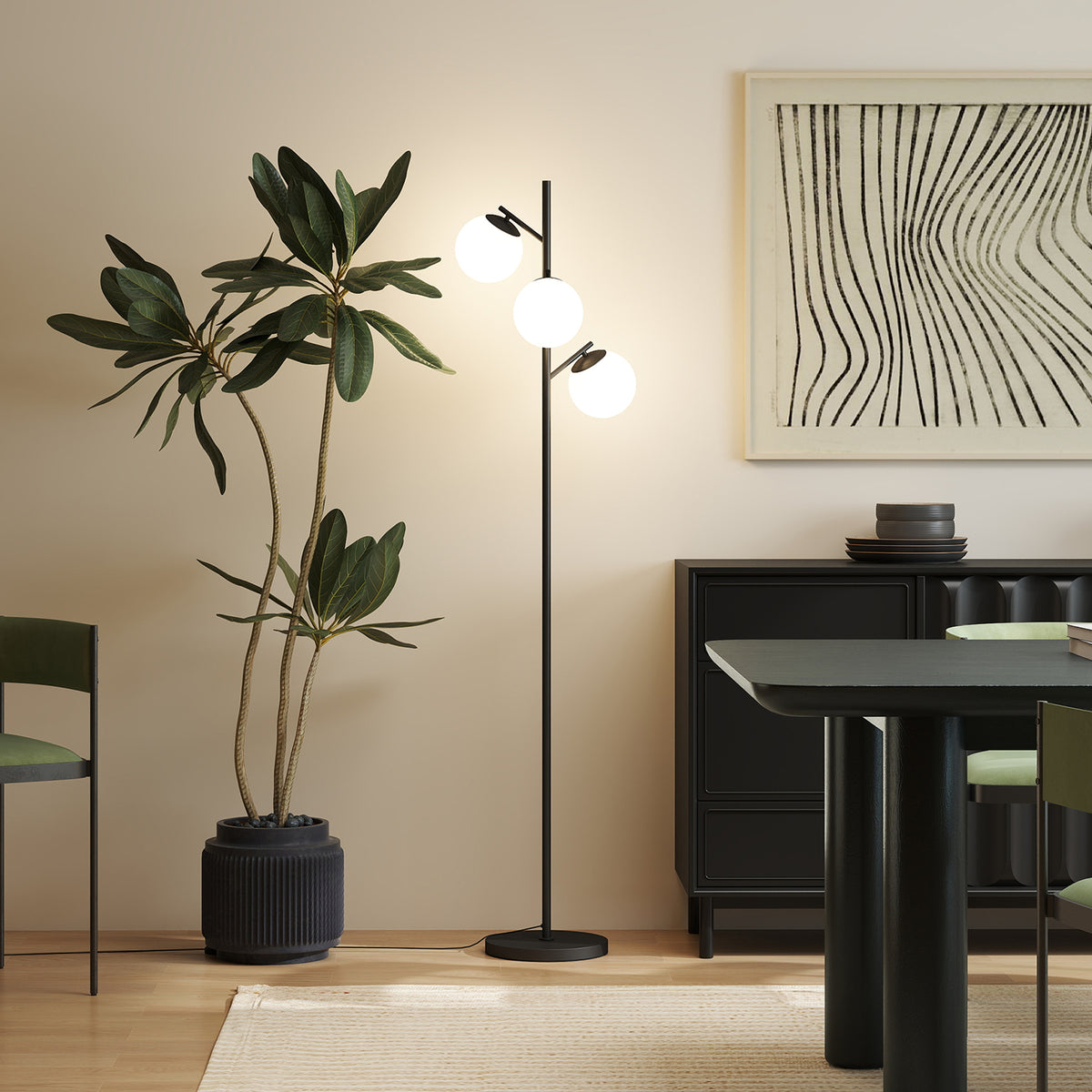 HOMCOM 3-Light Tree Floor Lamps for Living Room, Modern Standing Lamp for Bedroom with Globe Lampshade, Steel Base, Bulb not Included, Black
