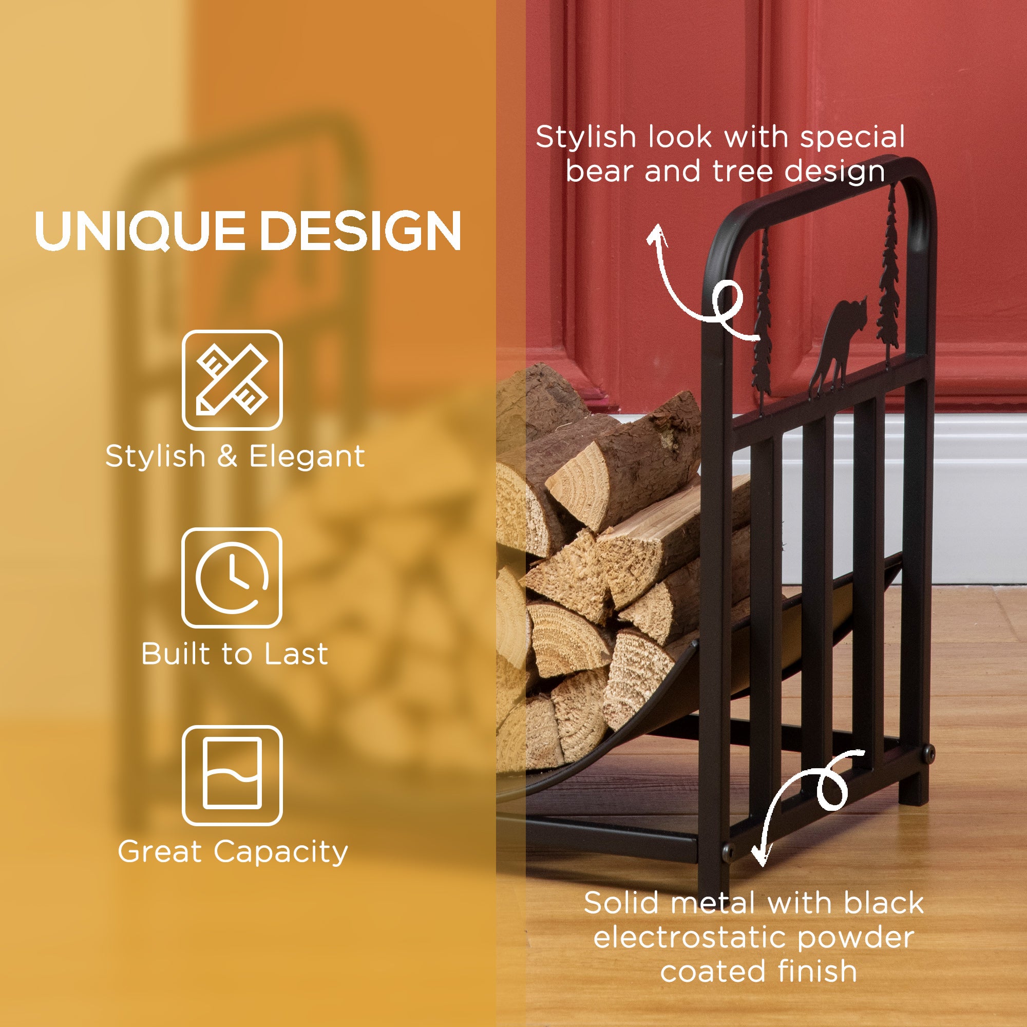 Outsunny Metal Firewood Log Holder Indoor Outdoor Firewood Rack Inner Arced Fireplace Wood Storage Shelf w/ Bear Shape Design, Rust-Resistant, Black, 42W x 33.5D x 43H cm - North Peak Garden Furniture