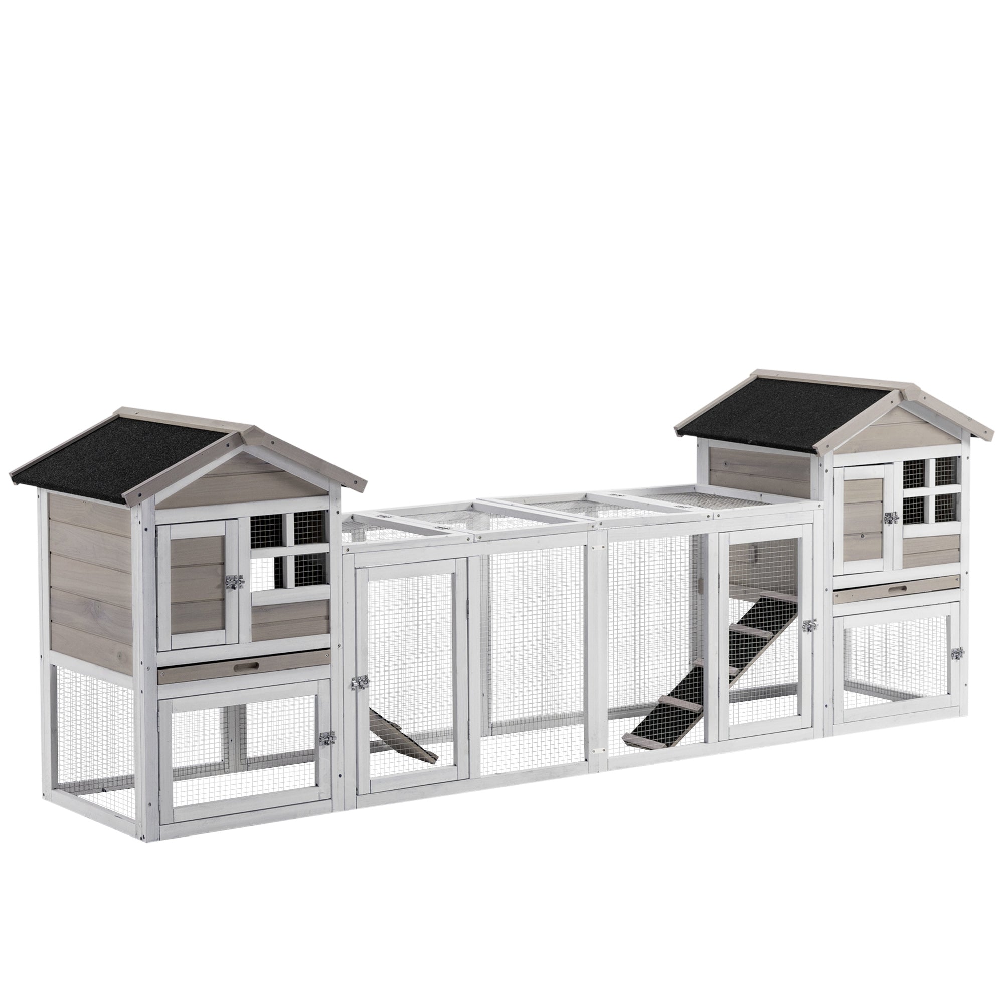 PawHut 2 in 1 Rabbit Hutch Outdoor Guinea Pig Hutch Bunny Run Double Main House with Run, No-Leak Tray 259 x 64 x 92cm, Grey - North Peak Garden Furniture