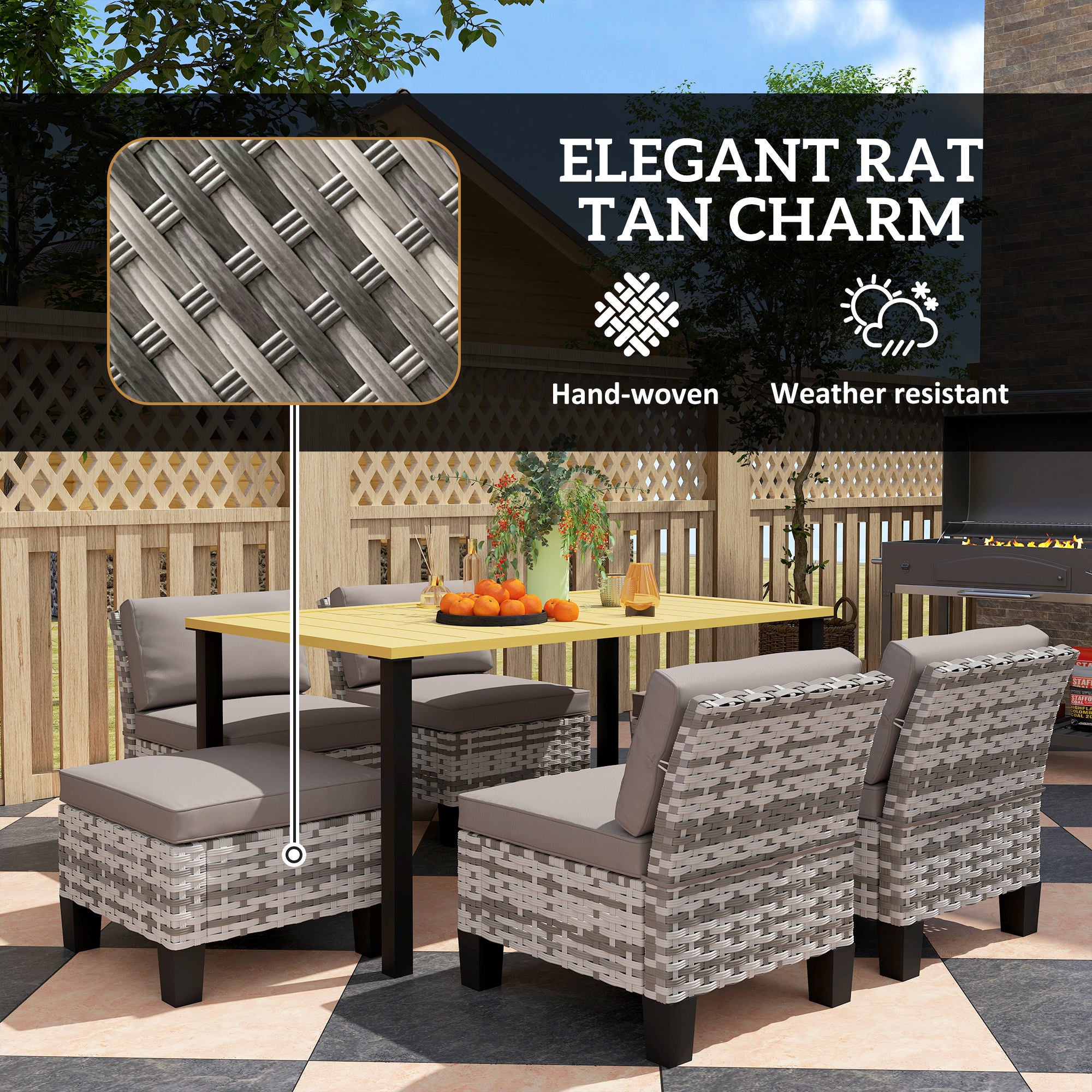 Outsunny 7-Piece Rattan Garden Dining Set, 6 Seater Wicker Garden Furniture Set with Seat and Back Cushions, Umbrella Hole, Patio Table and Chairs with Slatted Metal Top Table for Balcony, Grey - North Peak Garden Furniture