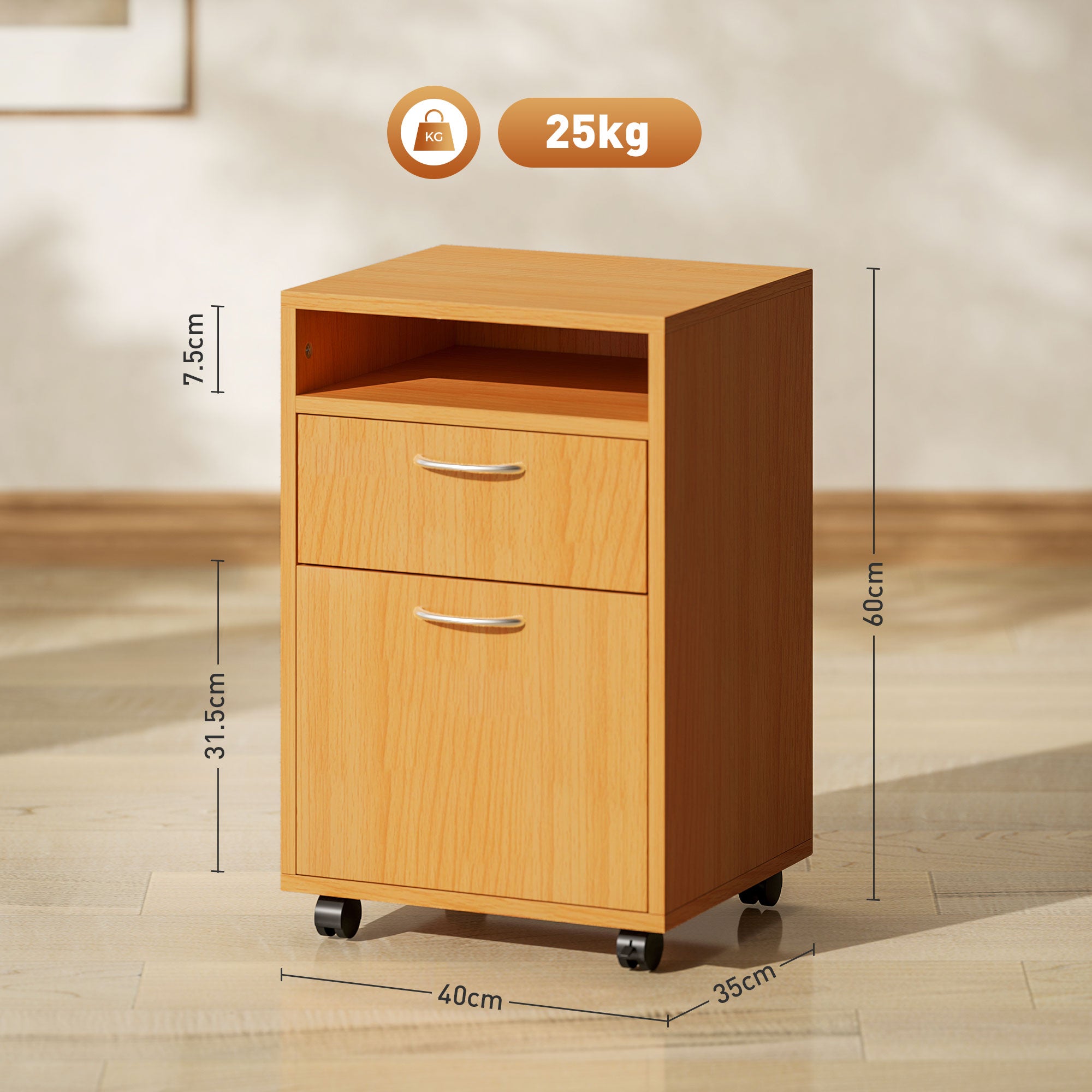 HOMCOM 60cm Filing Cabinet with Drawer, Open Shelf, Metal Handles and 4 Wheels, Office Home Organiser Mobile Printer, Natural Wood Finish - North Peak Garden Furniture
