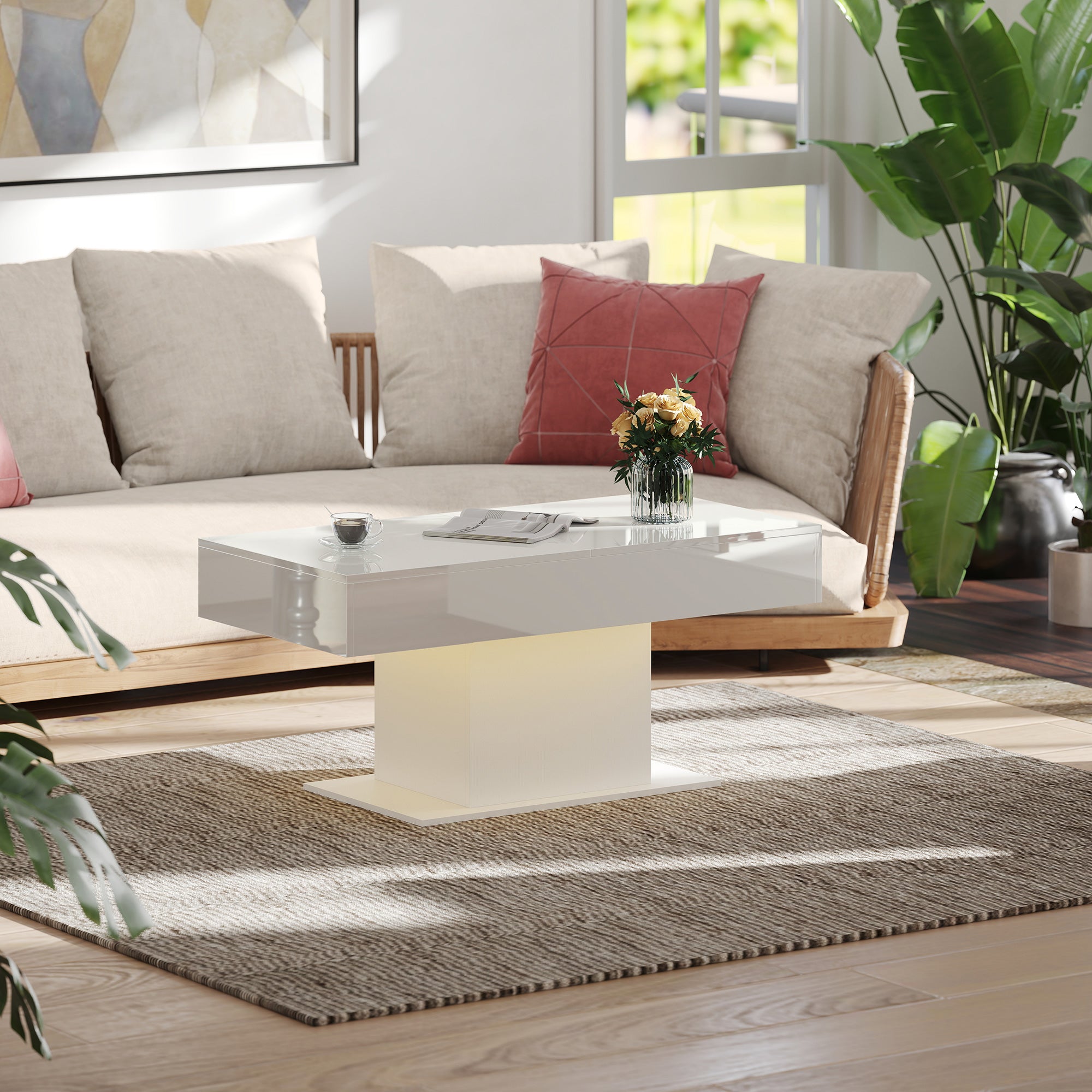 HOMCOM Extendable Coffee Table with LED Lights and Storage - High Gloss White