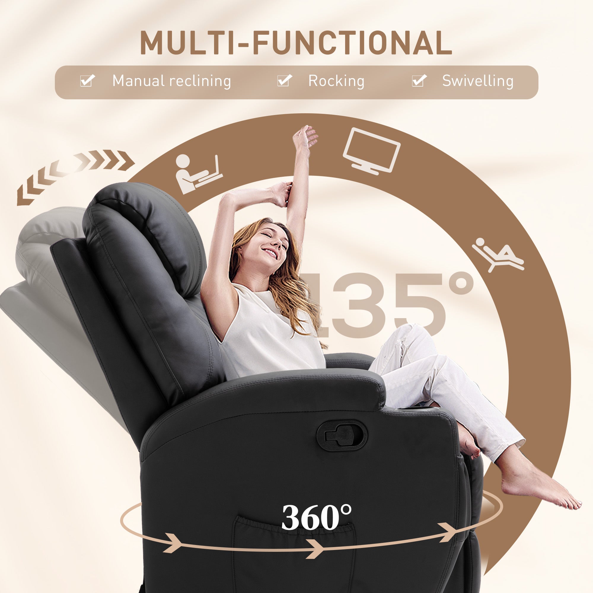 HOMCOM Recliner Armchair, Rocking Massage Swivel PU Leather Manual Reclining Chair with Adjustable Leg Rest, Drink Holders, Side Pocket, for Home Living Room Theater, Black - North Peak Garden Furniture