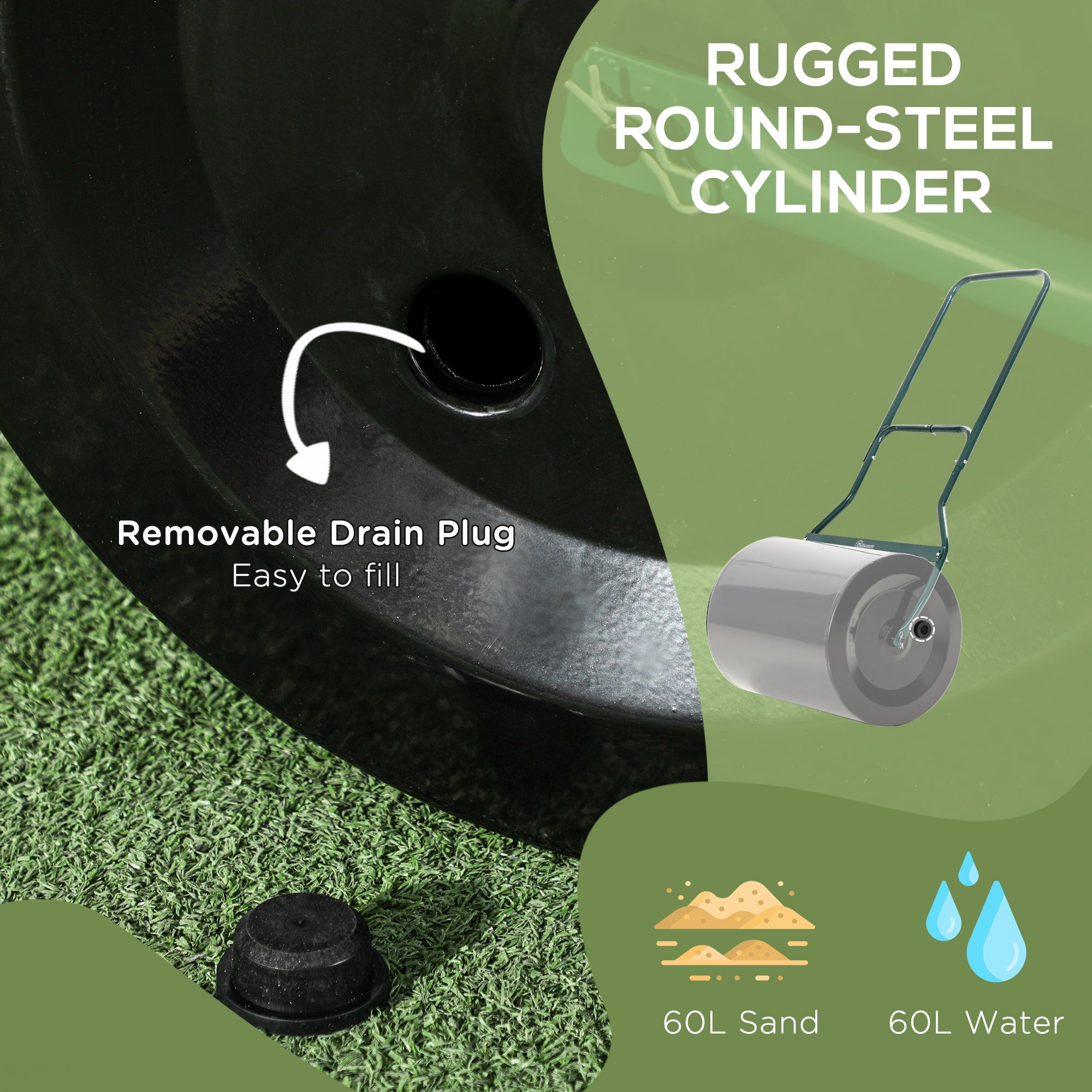 Outsunny φ50cm Steel Garden Lawn Roller Push Pull w/ Fillable Cylinder Water Sand Plug Lawn Flatten Seed Sow Rolling Drum w/ Handle - North Peak Garden Furniture