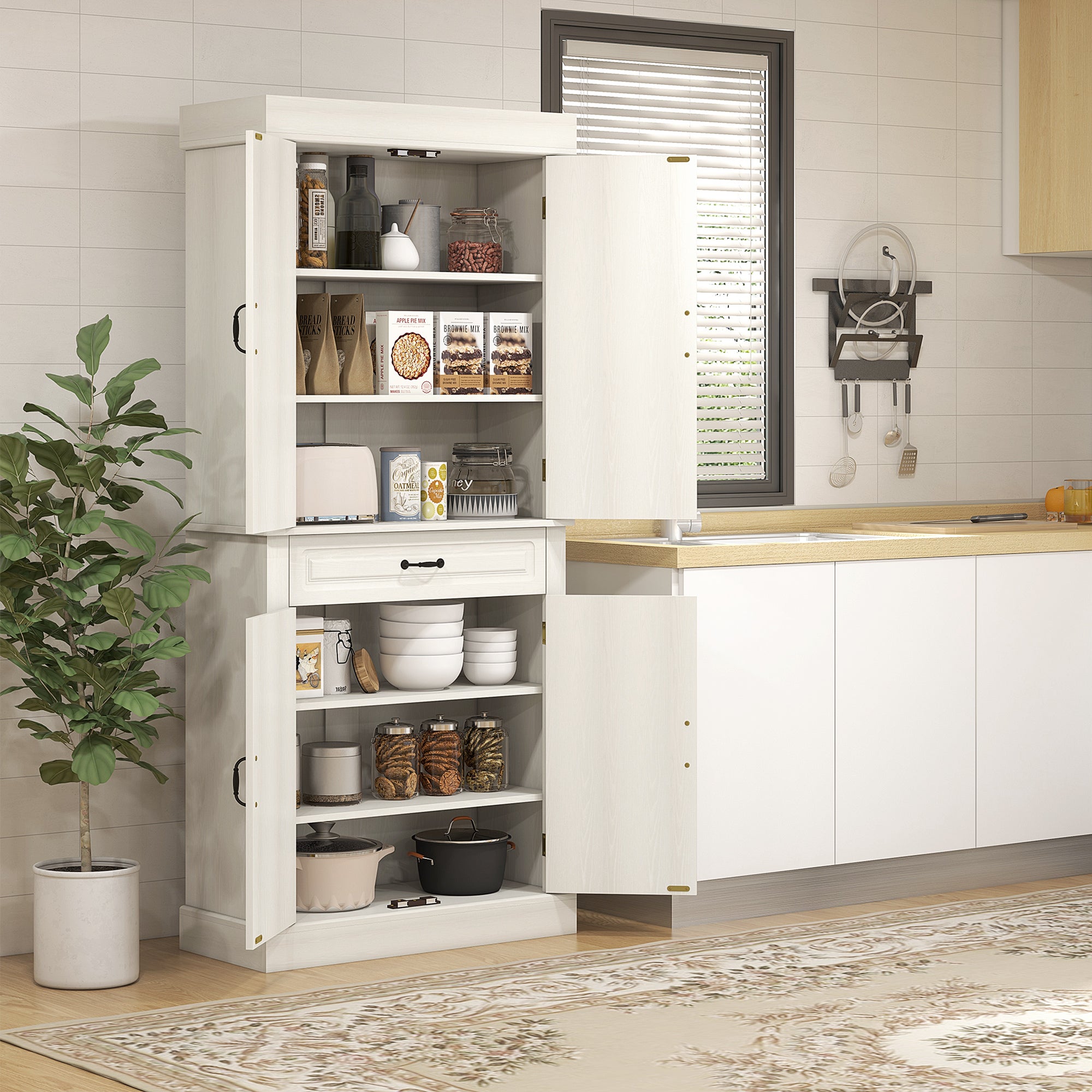 HOMCOM Kitchen Cupboard with 4 Doors, Freestanding Storage Cabinet with Wide Drawer and Shelves for Living Room, 180cm, White Wood Grain - North Peak Garden Furniture