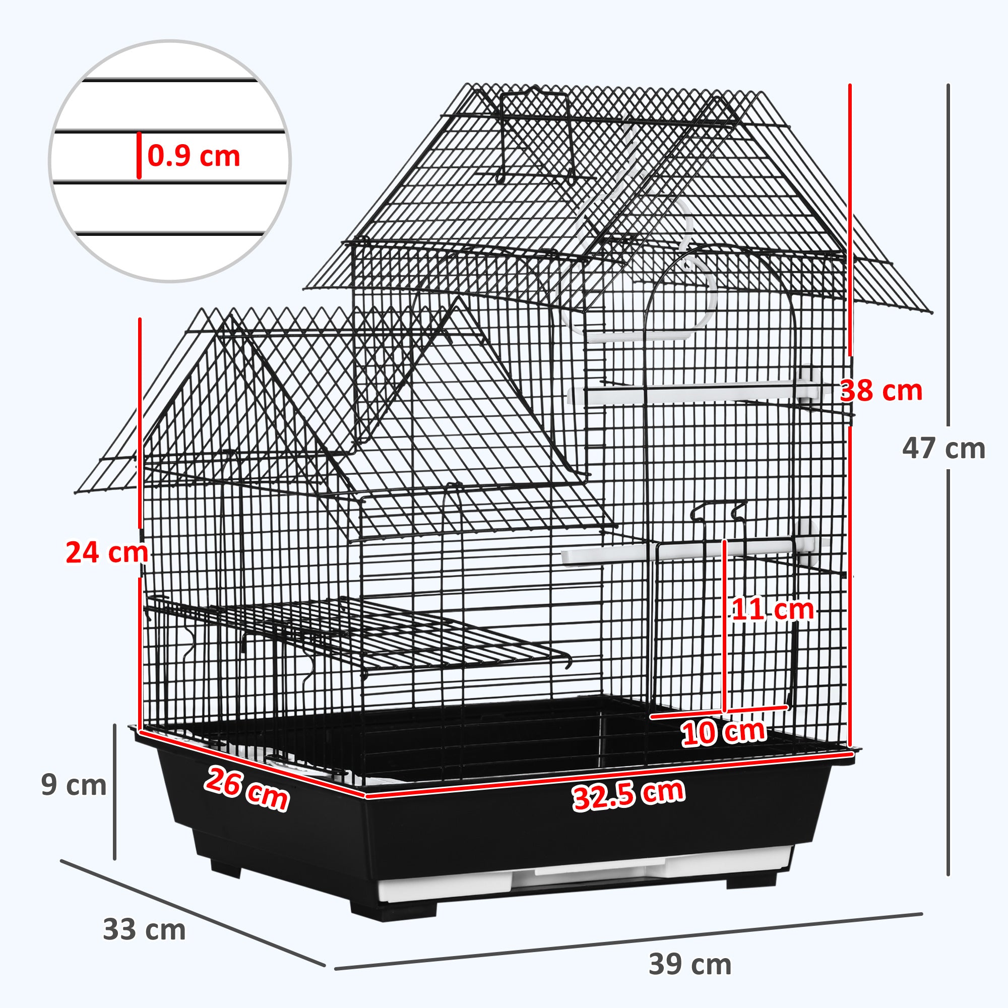 PawHut Metal Bird Cage for Finch, Canary w/ Food Containers, Swing Ring, Tray Handle, 39 x 33 x 47cm