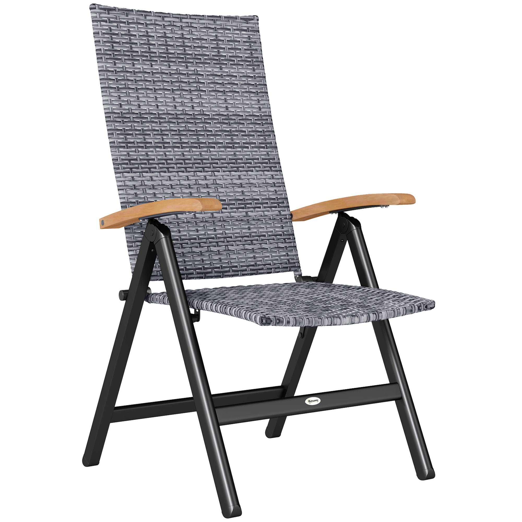 Outsunny Outdoor Folding Rattan Chair with Armrests, High Backrest, for Garden, Camping, Balcony, Porch - Light Grey - North Peak Garden Furniture