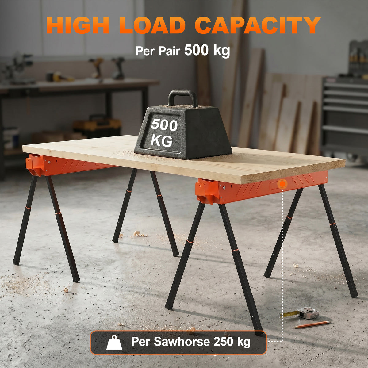 HOMCOM Saw Horses Twin Pack, Folding Work Bench Sawhorses with Height Adjustable Legs, 2x4 Bracket, Orange