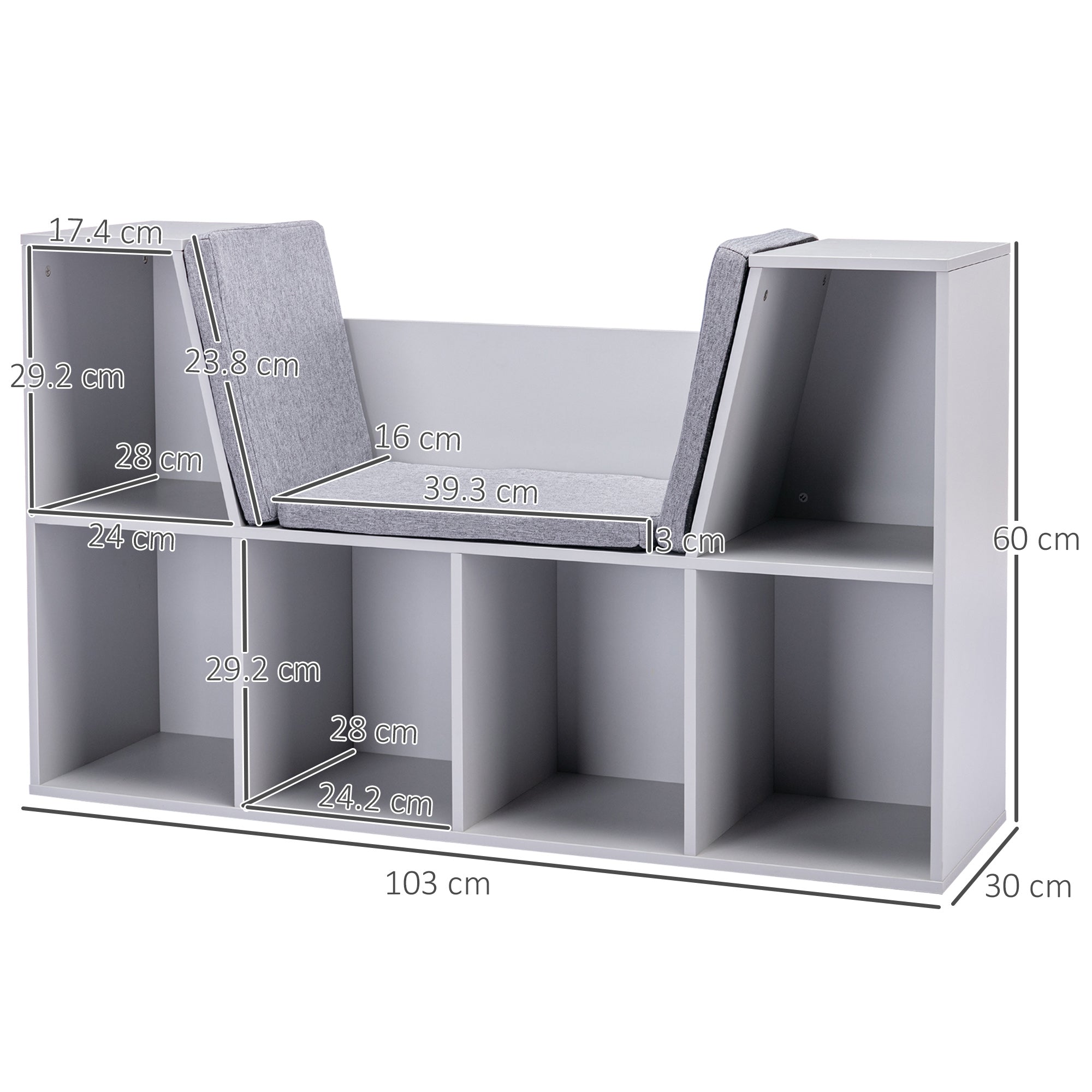 HOMCOM Kids Bookcase Shelf Storage Cabinet Unit, Living Room Sideboard w/ Six Compartments for Toys, Books - Grey - North Peak Garden Furniture