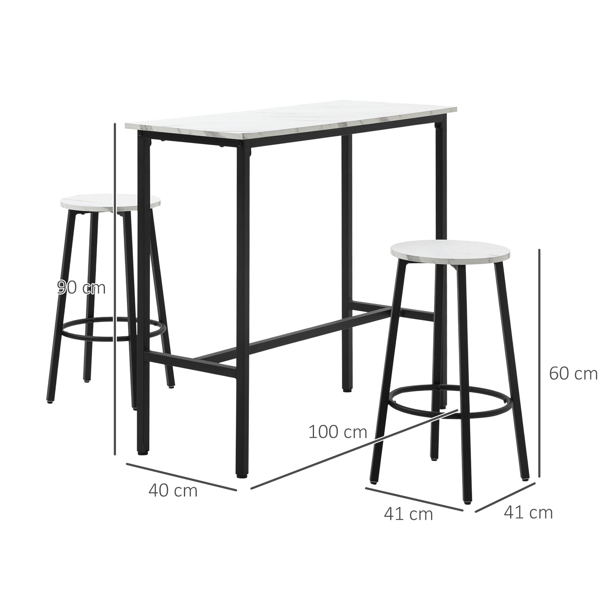 HOMCOM Three-Piece Marble-Effect Bar Table Set - White/Black - North Peak Garden Furniture