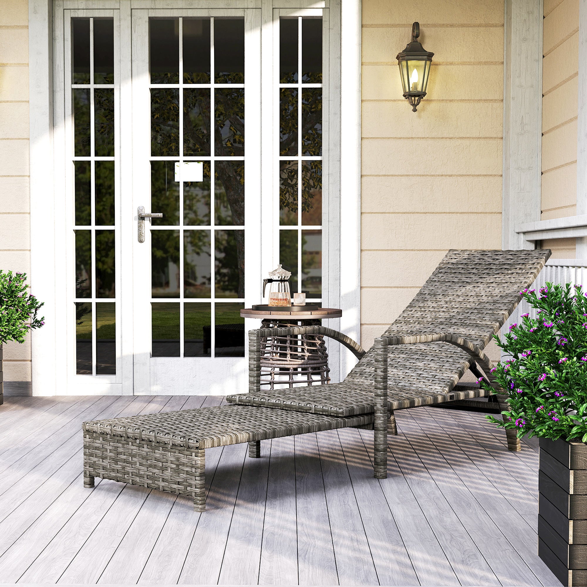 Outsunny PE Rattan Sun Lounger with Adjustable Backrest - Mixed-grey - North Peak Garden Furniture