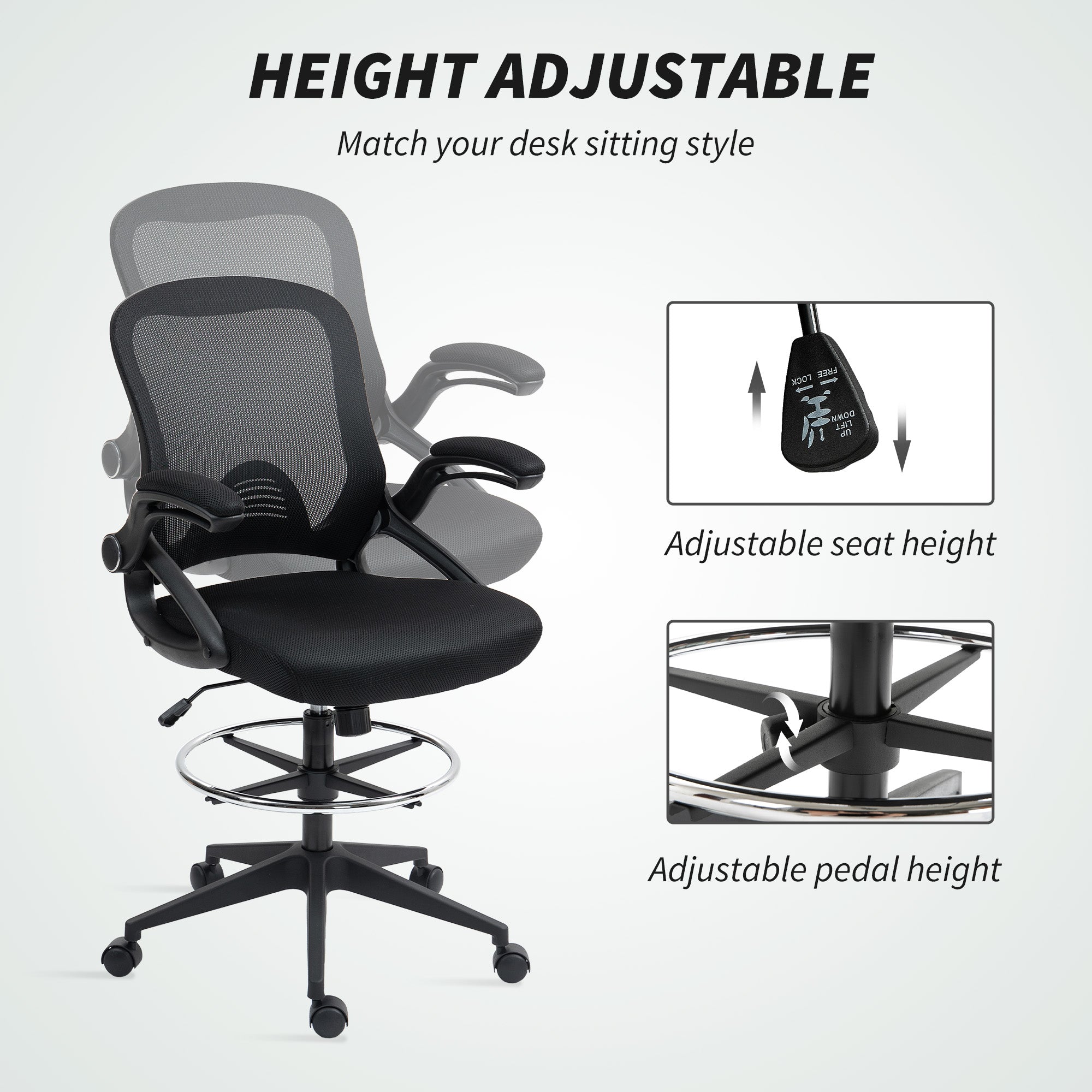 Vinsetto Drafting Chair with Flip-up Armrest, Mesh Office Stool with Foot Ring, 360° Swivel Height Adjustable Chair for Standing Desk, Black - North Peak Garden Furniture