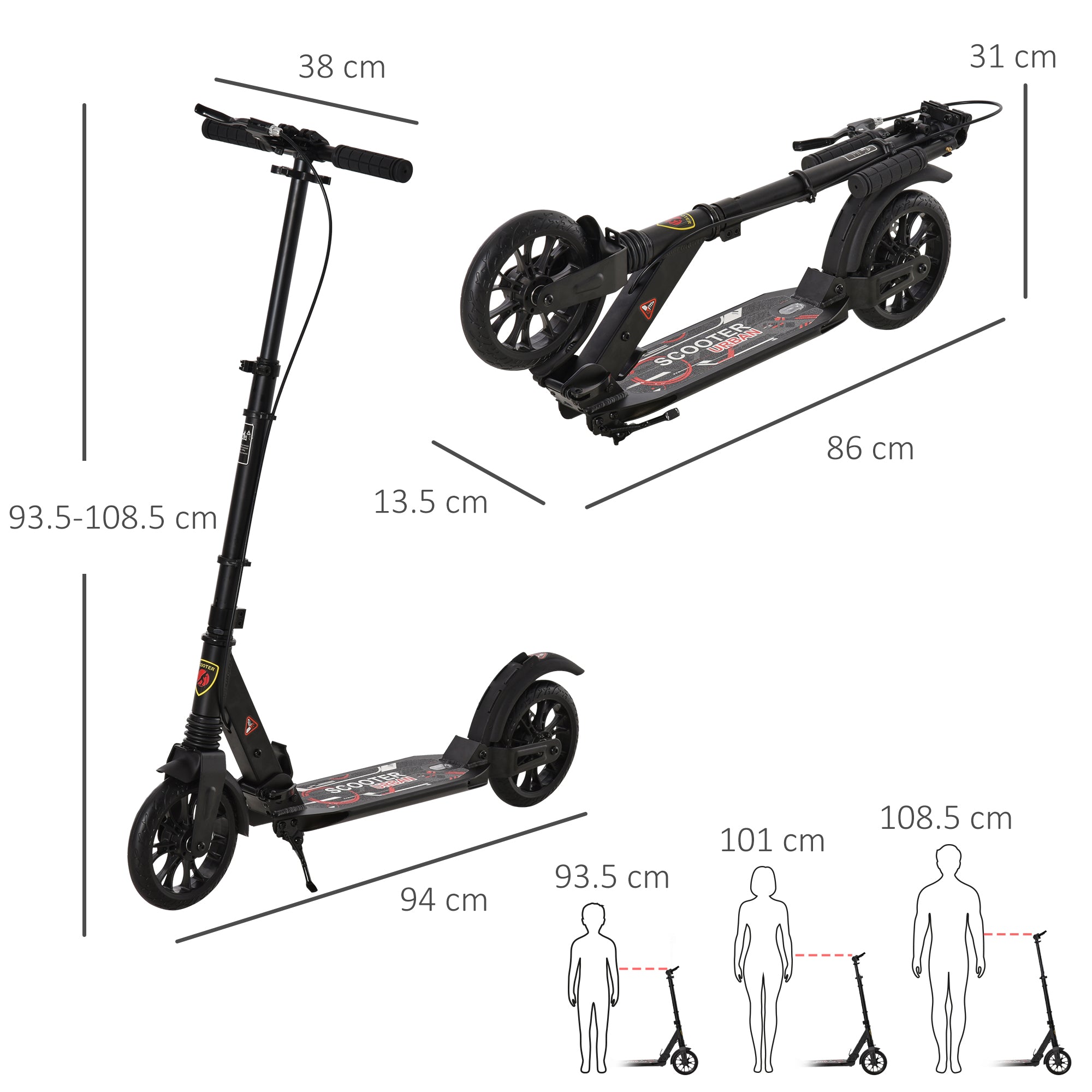 HOMCOM Adult Teens Kick Scooter Foldable Height Adjustable Aluminum Ride On Toy for 14+ with Rear Wheel & Hand Brake, Shock Mitigation System - Black