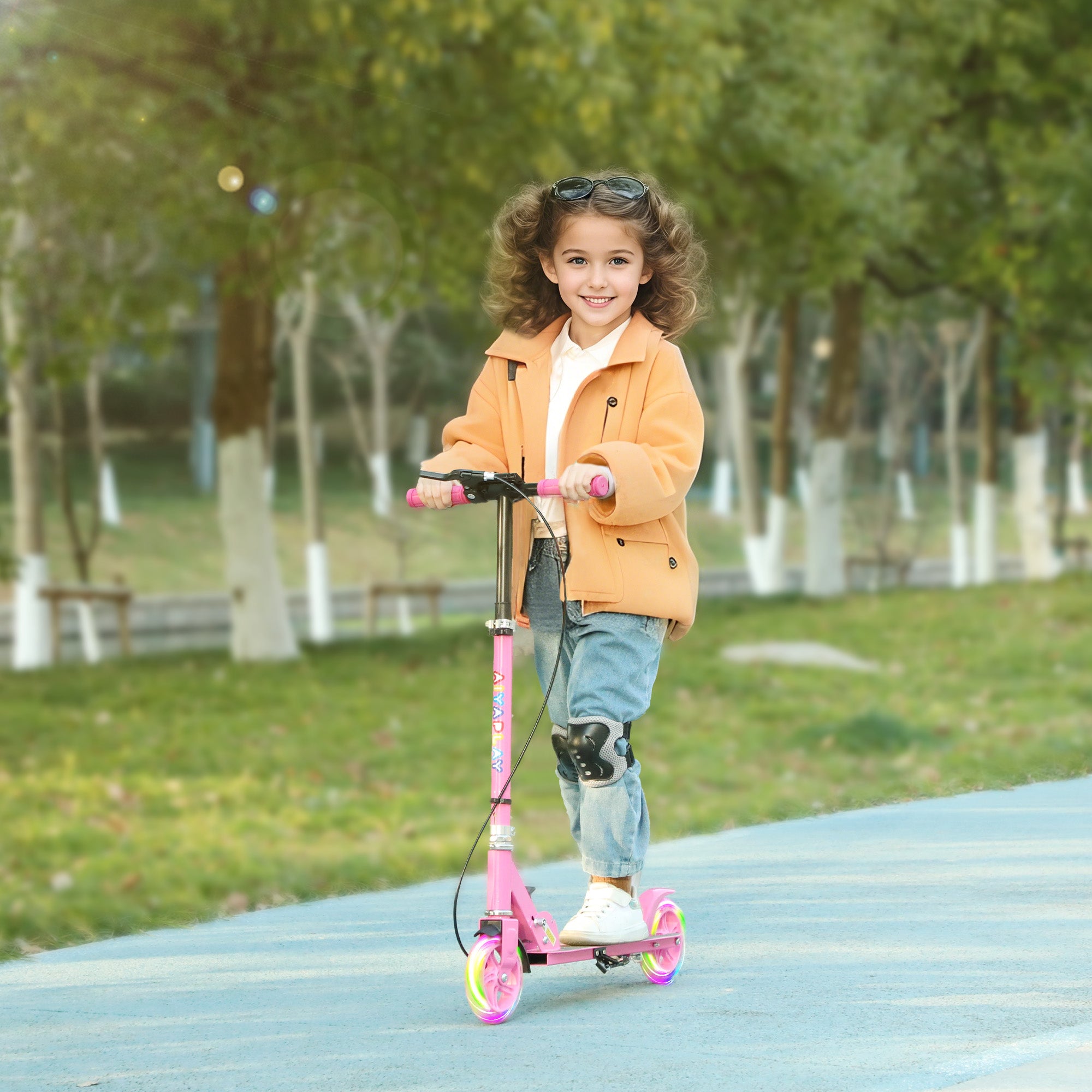 AIYAPLAY Scooter for Kids Ages 3-8 with Adjustable Handle, 2 Light up Wheels, Handbrake & Rear Brake for Girls and Boys, Pink - North Peak Garden Furniture