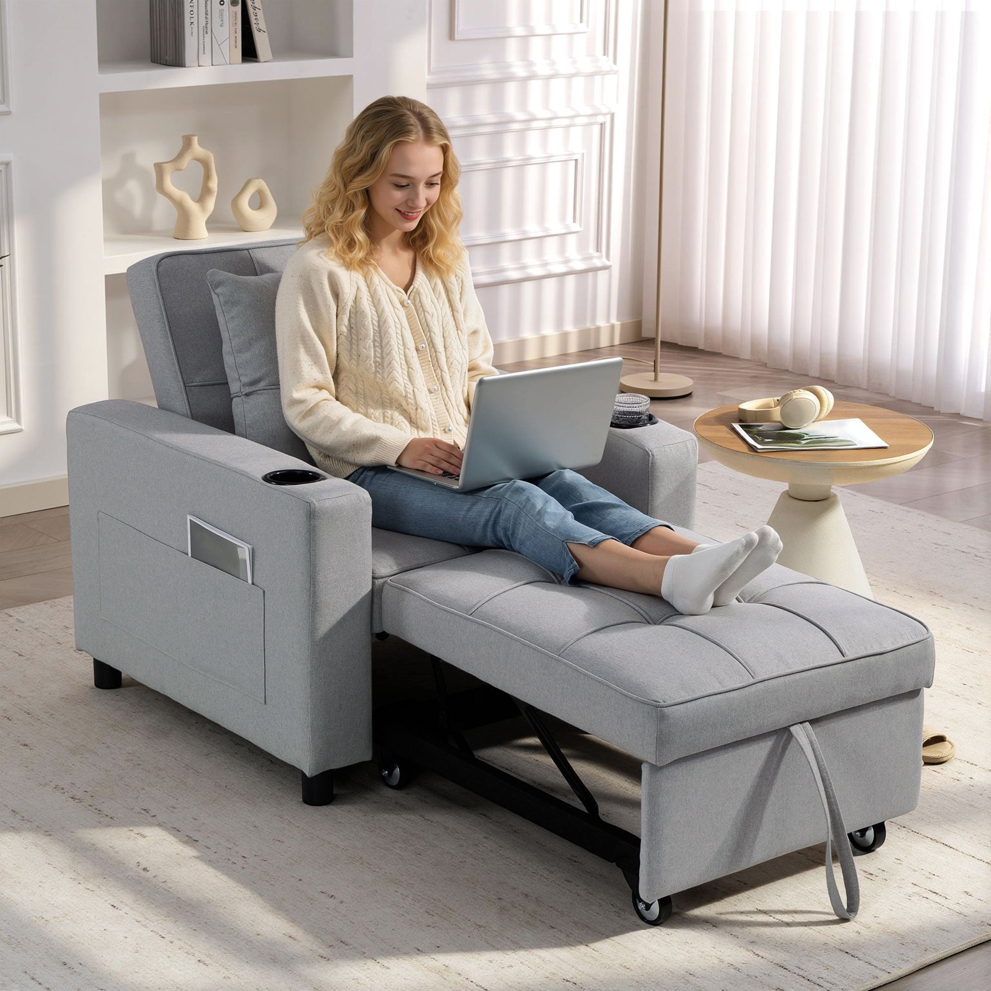 HOMCOM 3-in-1 Single Sofa Bed, Convertible Sleeper Chair Bed - Light Grey