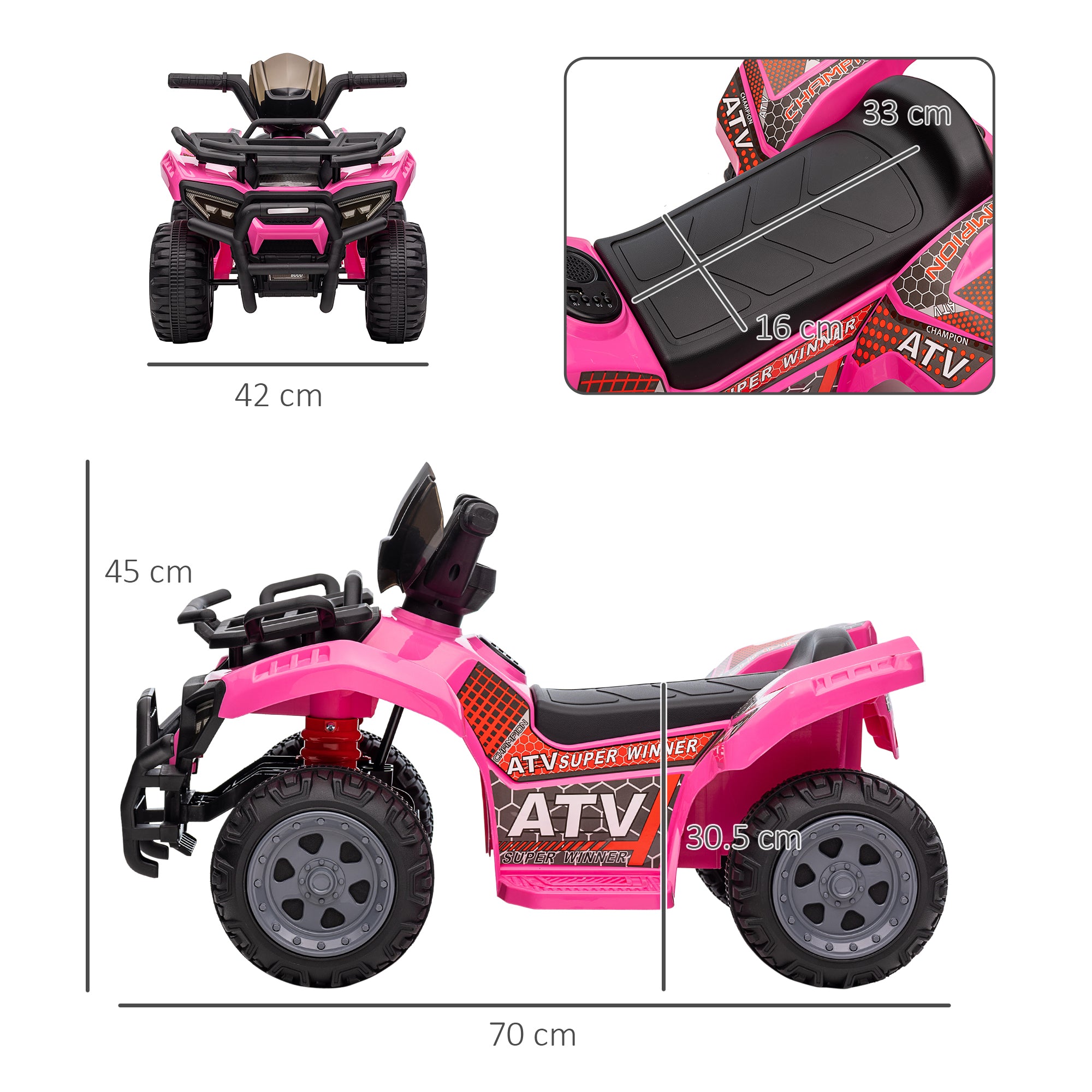 HOMCOM 6V Kids Electric Ride on Car Toddlers Quad Bike All Terrain Vehicle Toy With Music for 18-36 months Pink - North Peak Garden Furniture