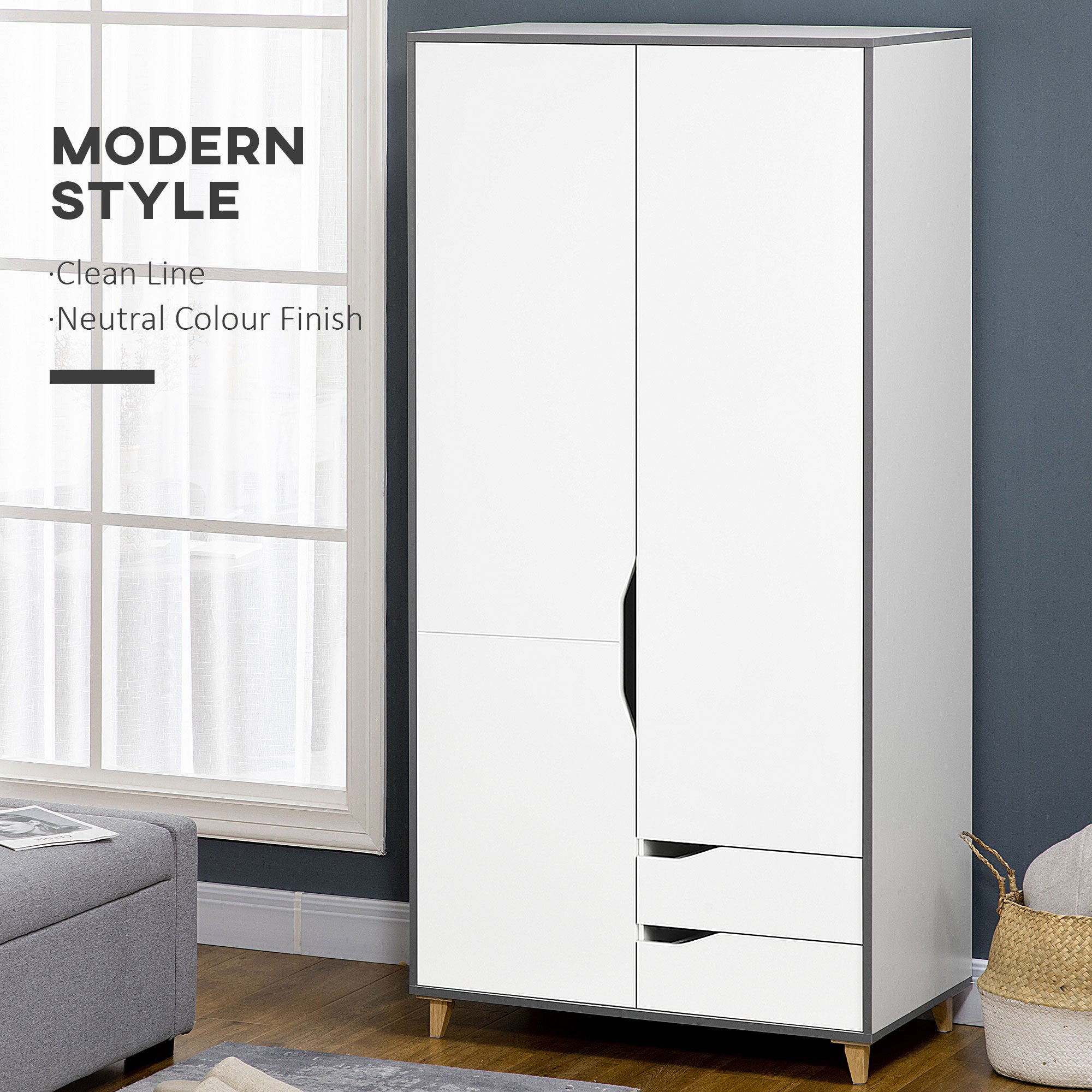 HOMCOM Wardrobe with 2 Doors, 2 Drawers, Hanging Rail, Shelves for Bedroom Clothes Storage Organiser, 89x50x185cm, White - North Peak Garden Furniture