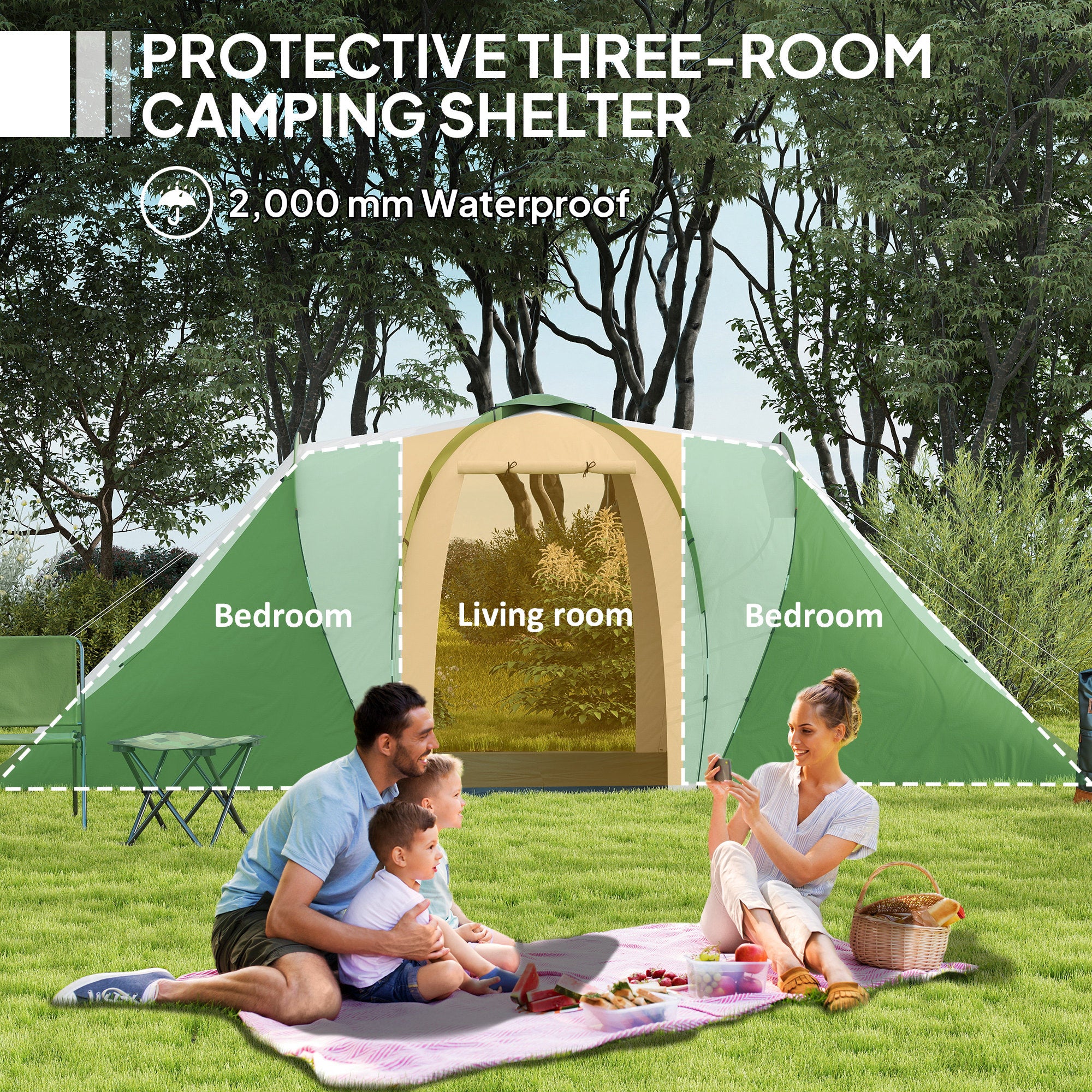 Outsunny Large Camping Tent Tunnel Tent with 2 Bedroom and Living Area, 2000mm Waterproof, Portable with Bag for 4-6 Man, Green - North Peak Garden Furniture