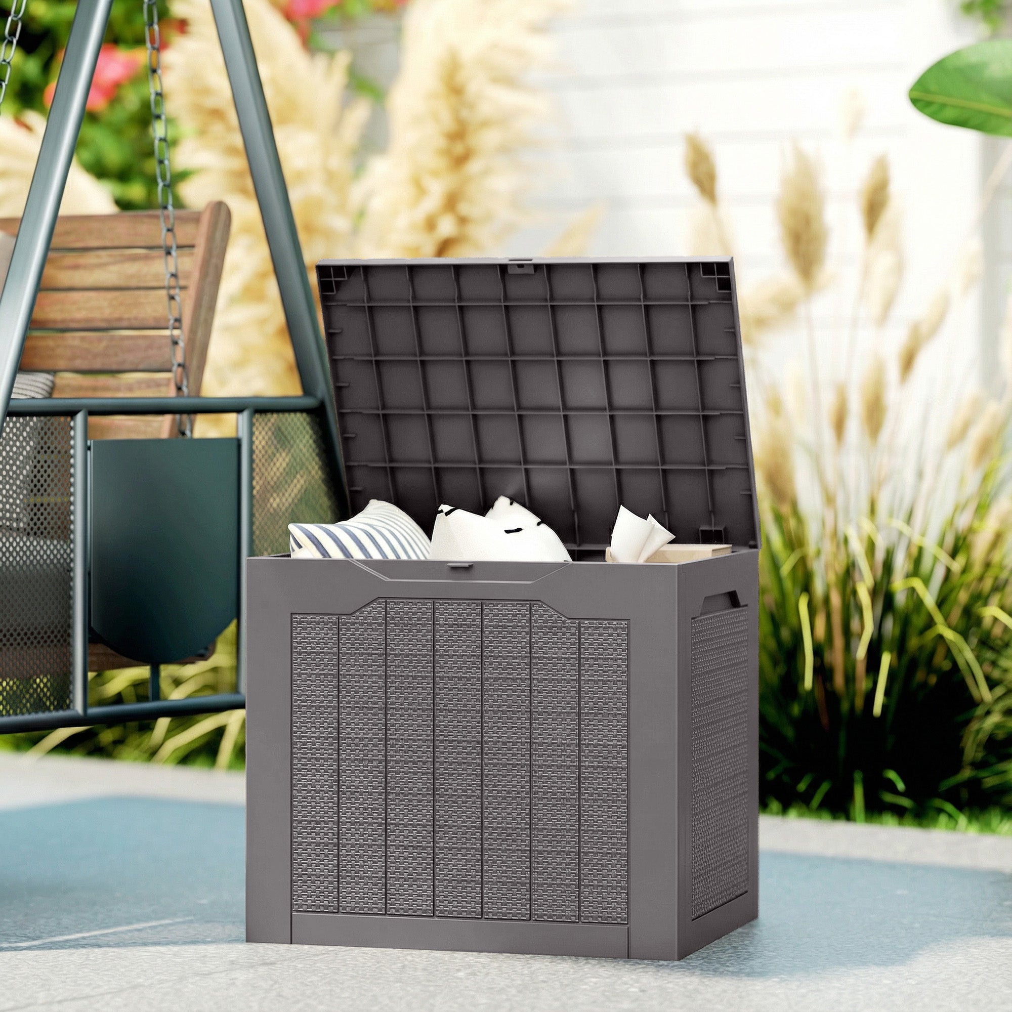 Outsunny 93L Plastic Garden Storage Box, Outdoor Storage Box with Handles, Waterproof Outdoor Storage Container, Brown