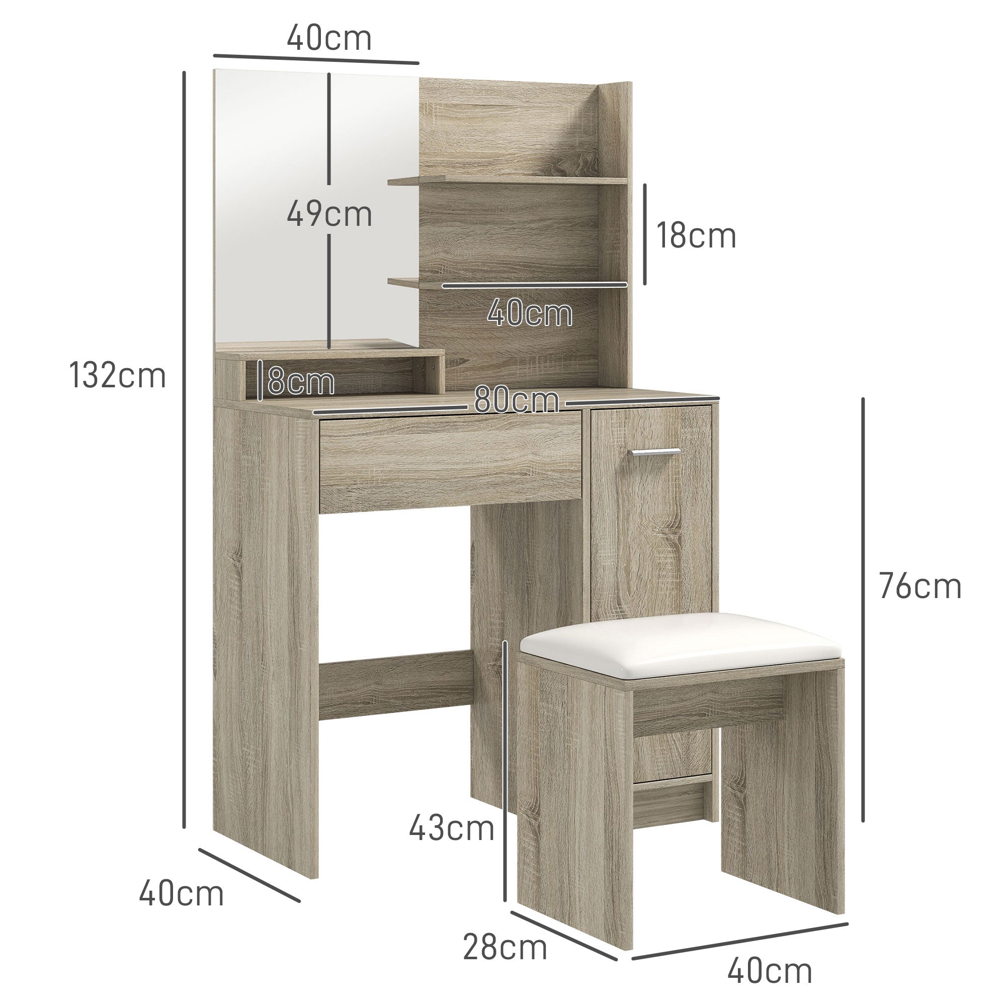 HOMCOM Dressing Table and Stool Set, with Storage - Natural Wood Finish - North Peak Garden Furniture