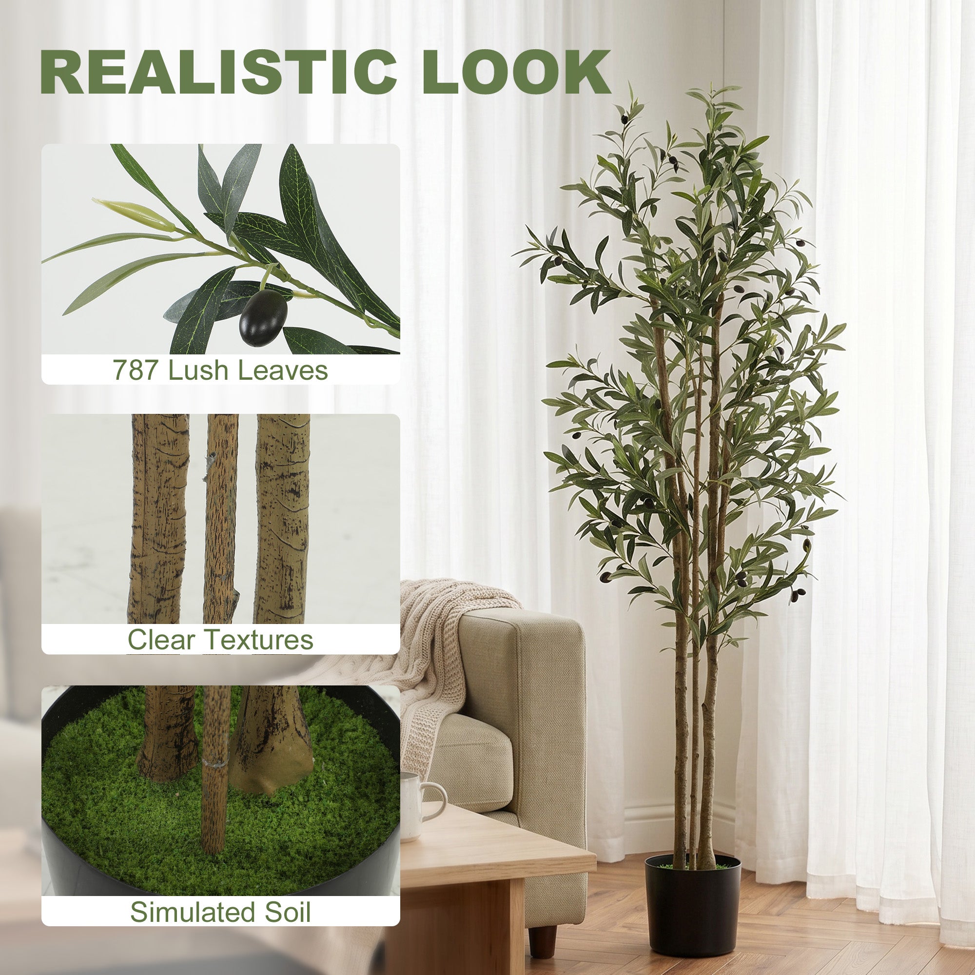 HOMCOM Decorative Artificial Plant, 175 cm Silk Olive Tree with 787 Leaves in Cement Pot, Fake Plant