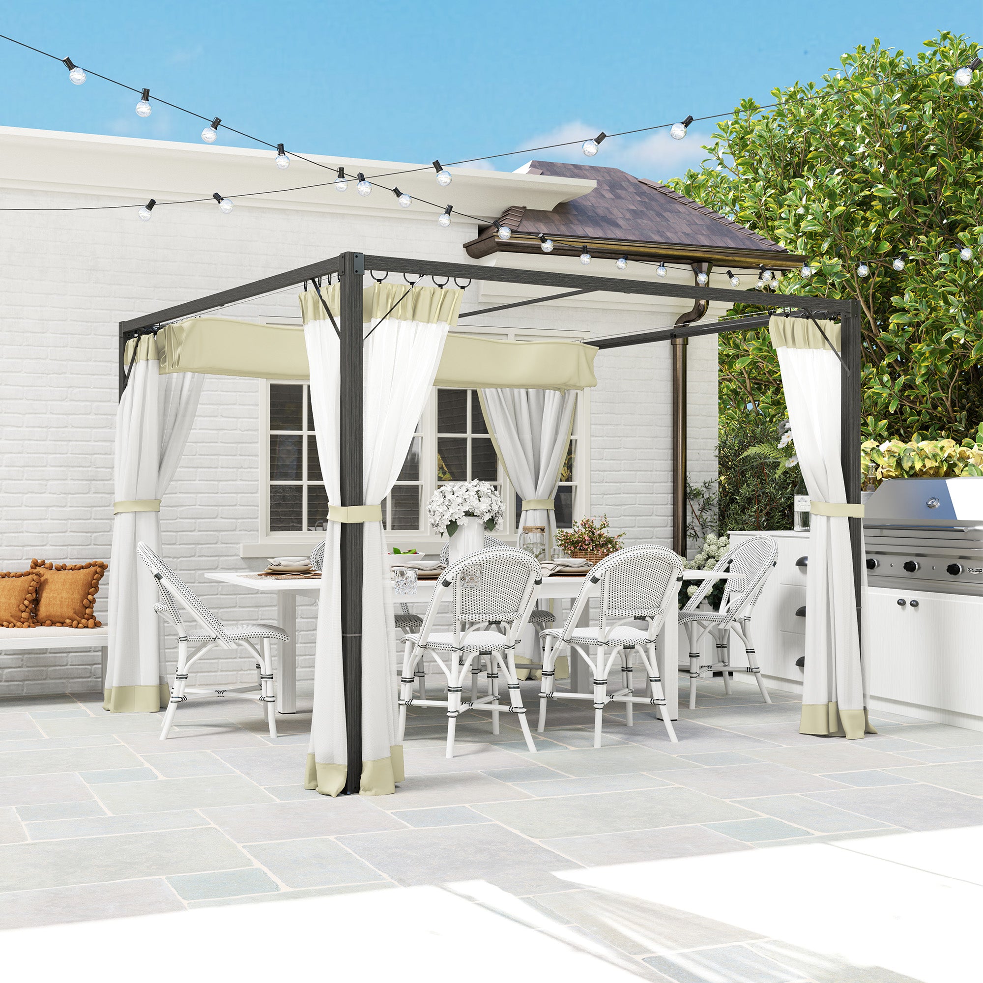 Outsunny 3 x 3m Aluminium Frame Pergola, with Retractable Roof - Khaki - North Peak Garden Furniture