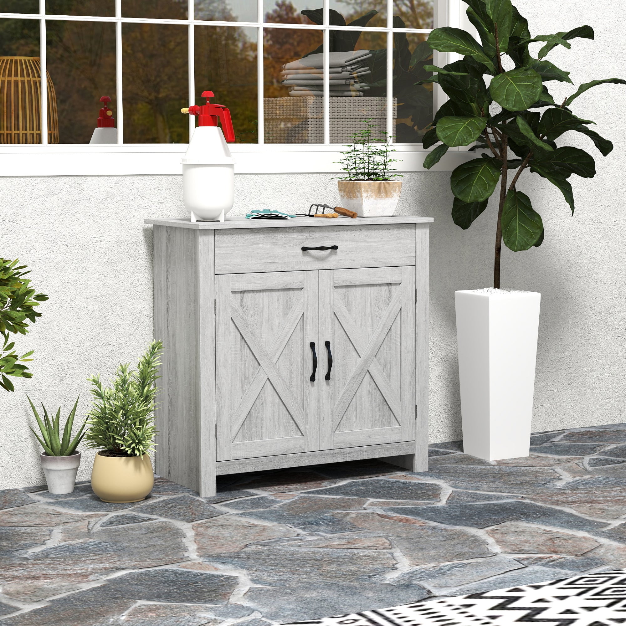 HOMCOM Farmhouse Barn Door Sideboard Storage Cabinet Coffee Bar for LIVING Room – Grey Grain - North Peak Garden Furniture