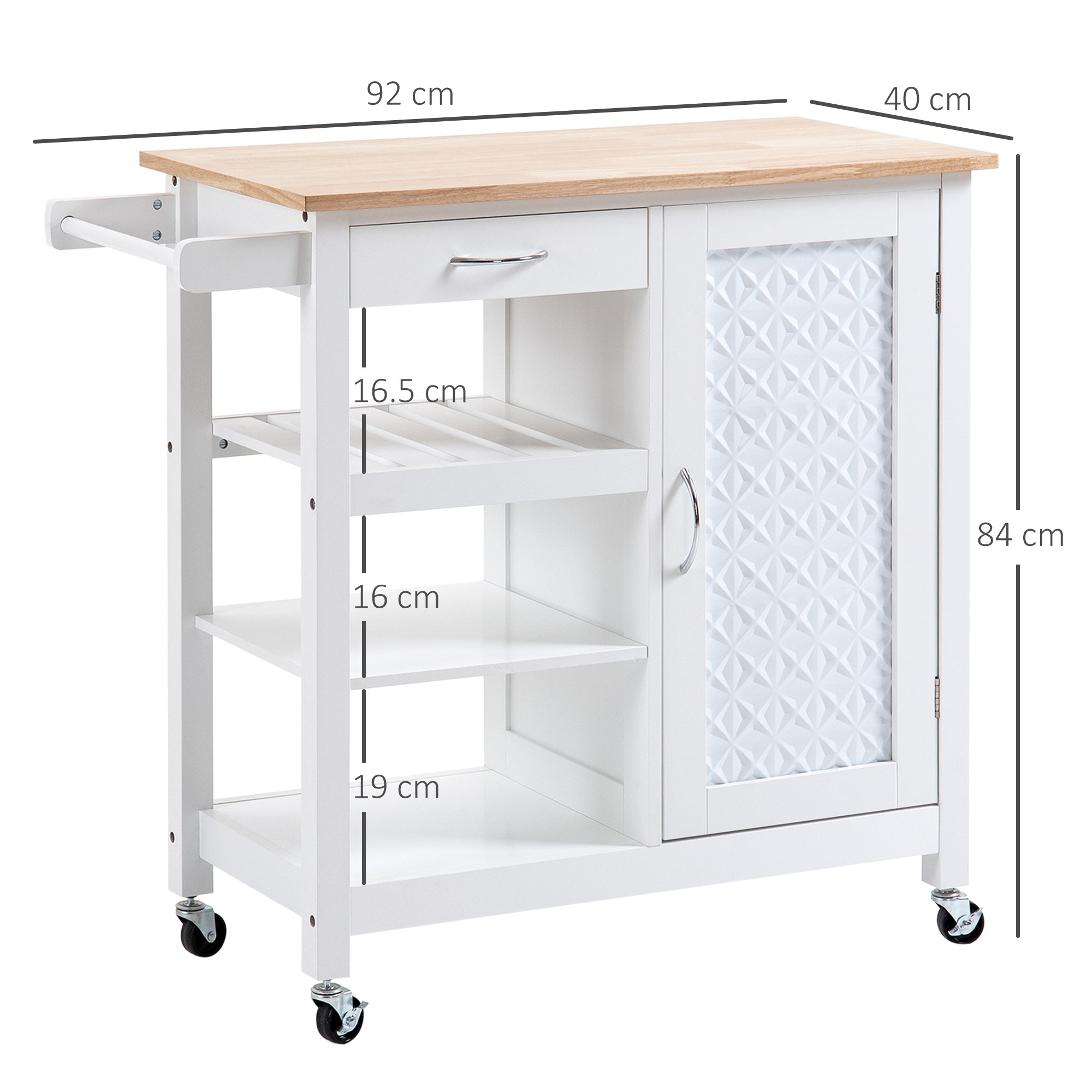 HOMCOM Kitchen Trolley, Kitchen Island on Wheels with Embossed Door Panel, Utility Kitchen Cart with 3 Storage Shelves, White - North Peak Garden Furniture