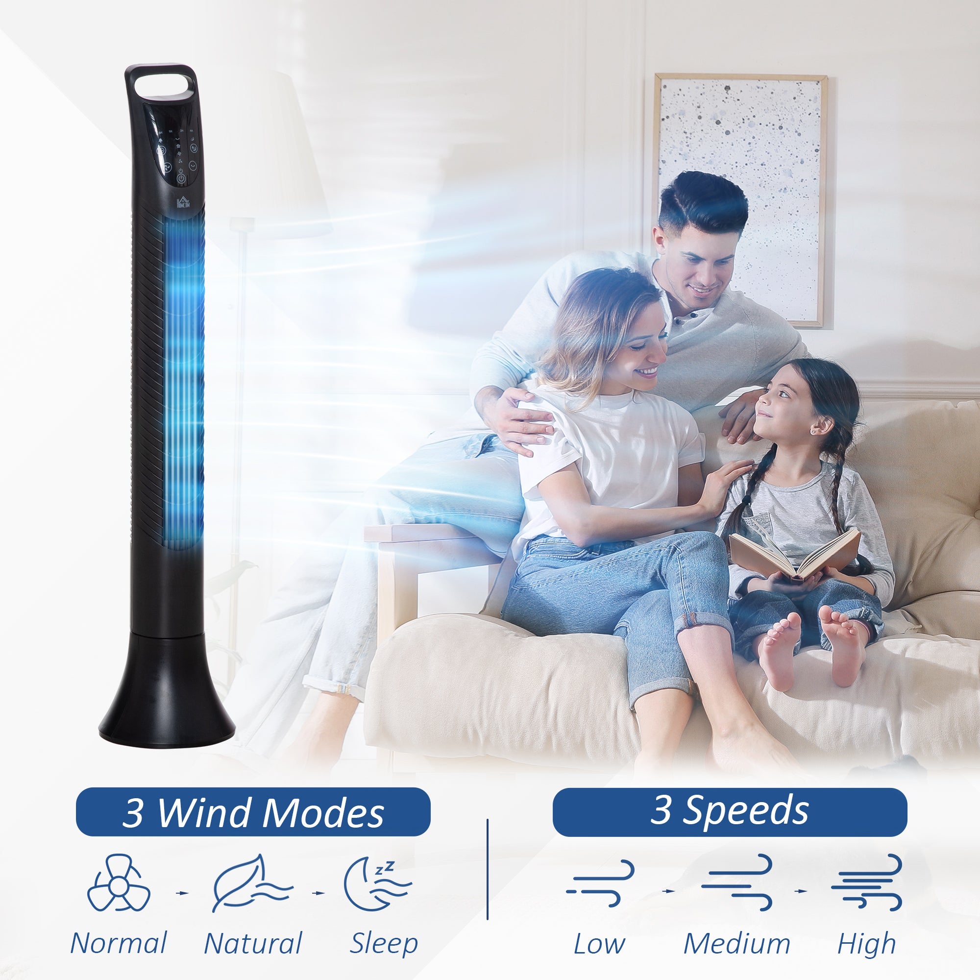 HOMCOM 36'' Freestanding Tower Fan, 3 Speed 3 Mode, 7.5h Timer, 70 Degree Oscillation, LED Panel, 5M Remote Controller, Black