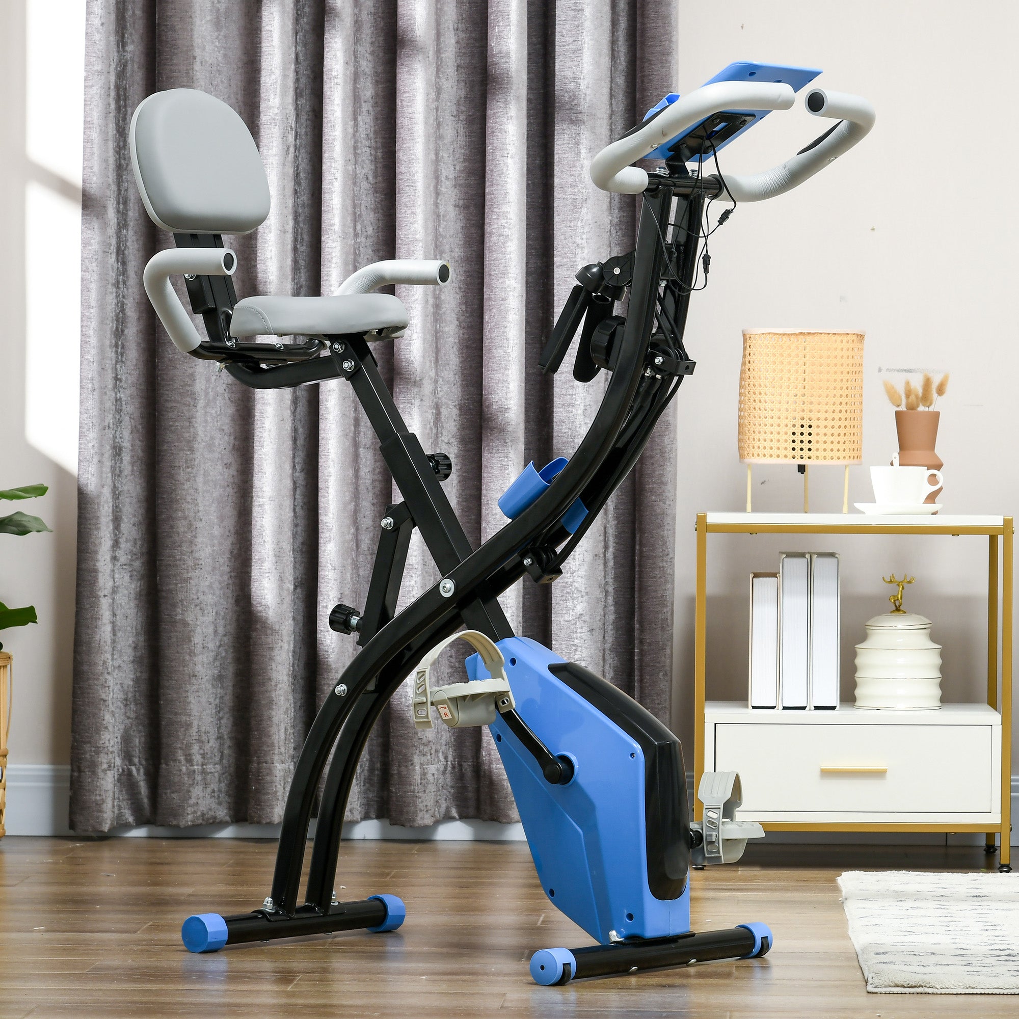 HOMCOM 2-in-1 Folding Exercise Bike with 8-Level Magnetic Resistance, Arm Resistance Band, Pulse Sensor, Blue - North Peak Garden Furniture