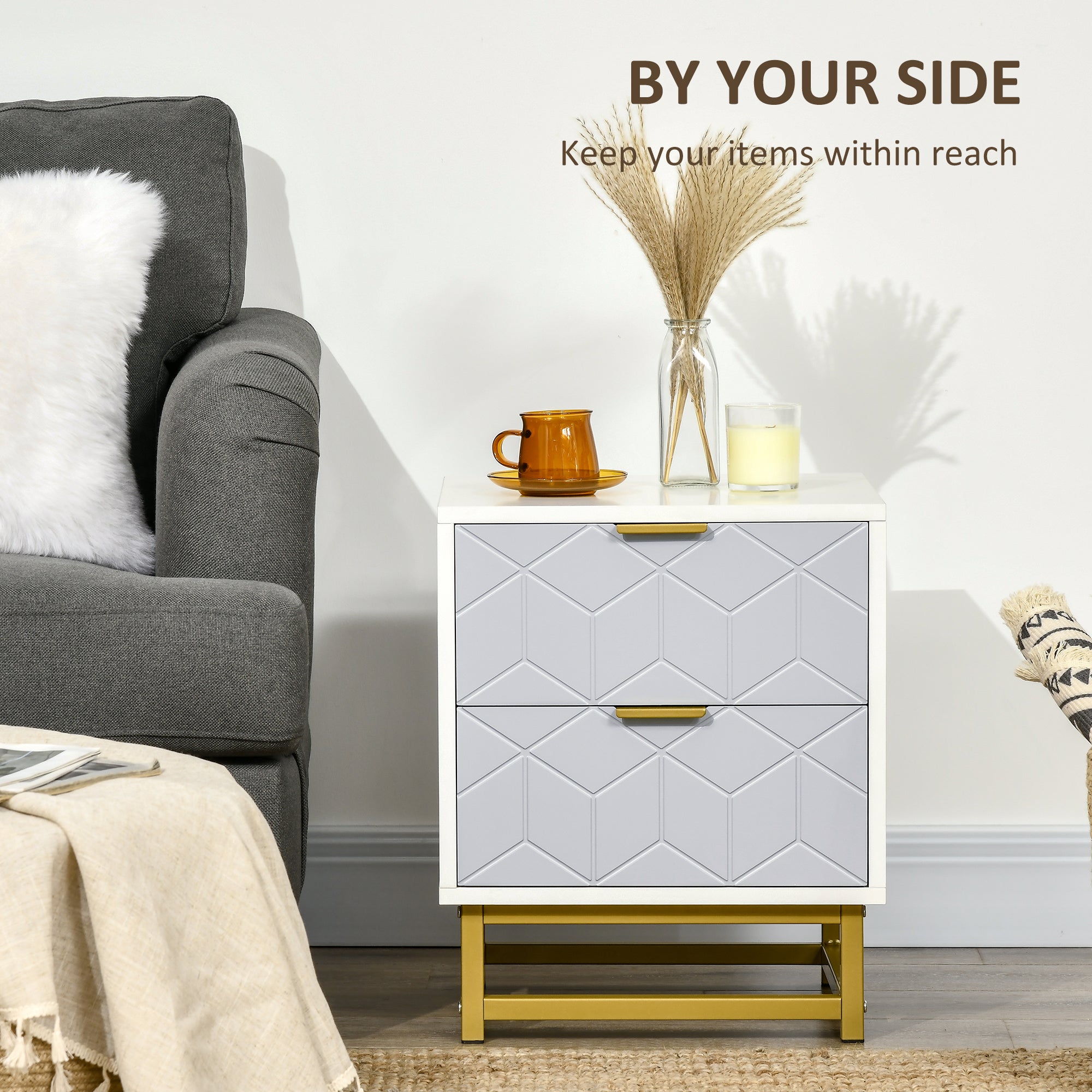 HOMCOM Bedside Table with 2 Drawers, Side Table, Bedside Cabinet with Steel Frame for Living Room, Bedroom, Grey and White - North Peak Garden Furniture