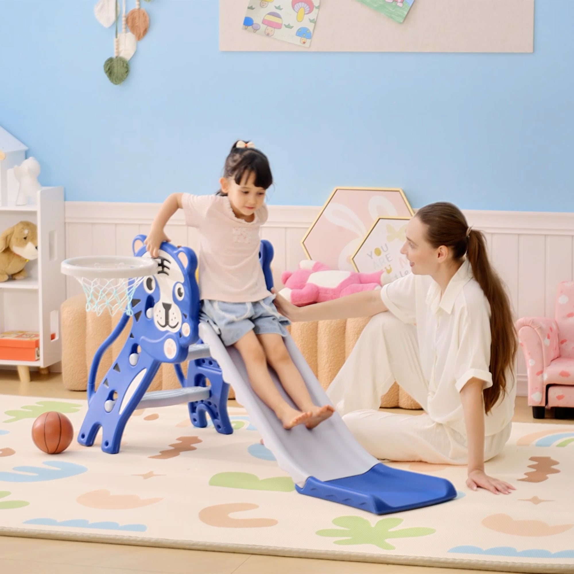 AIYAPLAY 2 in 1 Baby Slide for Indoor Use with Basketball Hoop, Basketball, for Ages 18-36 Months - Blue