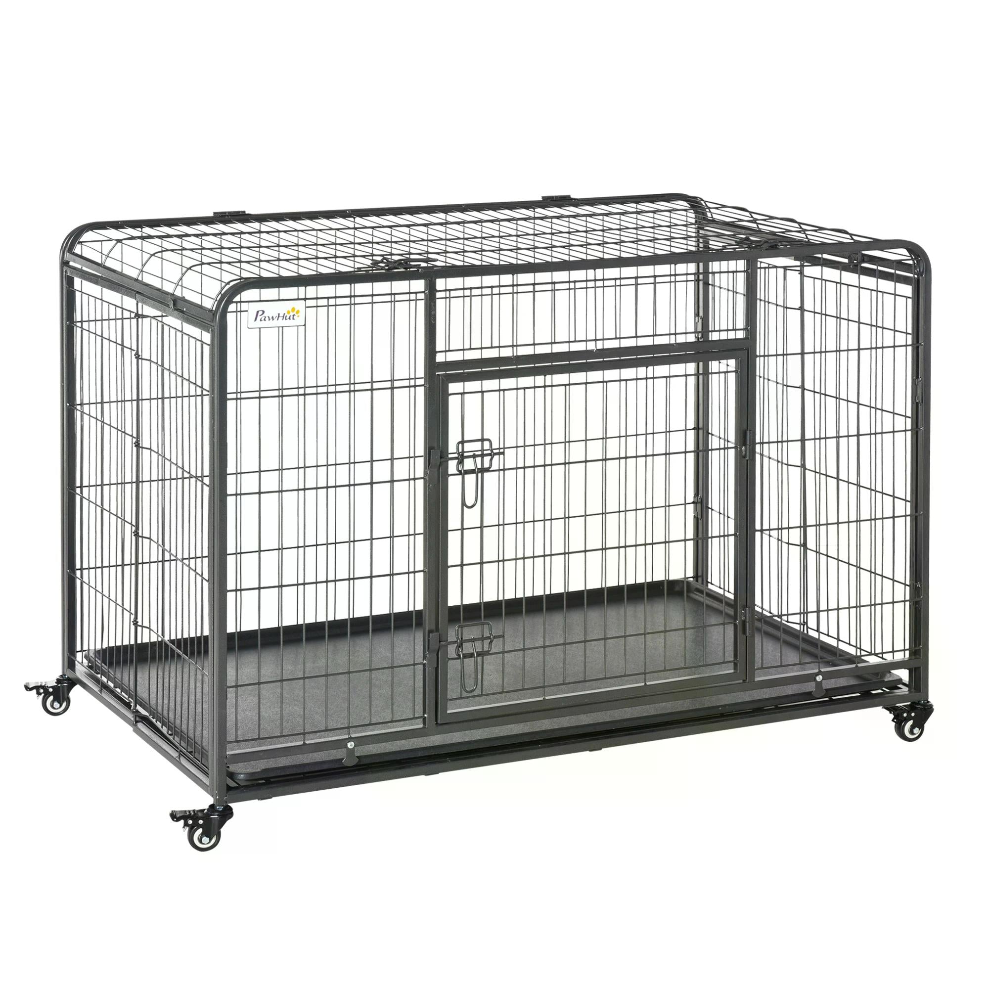 PawHut Folding Heavy-Duty Dog Crate: Double Door Pet Kennel with Removable Tray, Lockable Wheels, 125cm x 76cm x 81cm