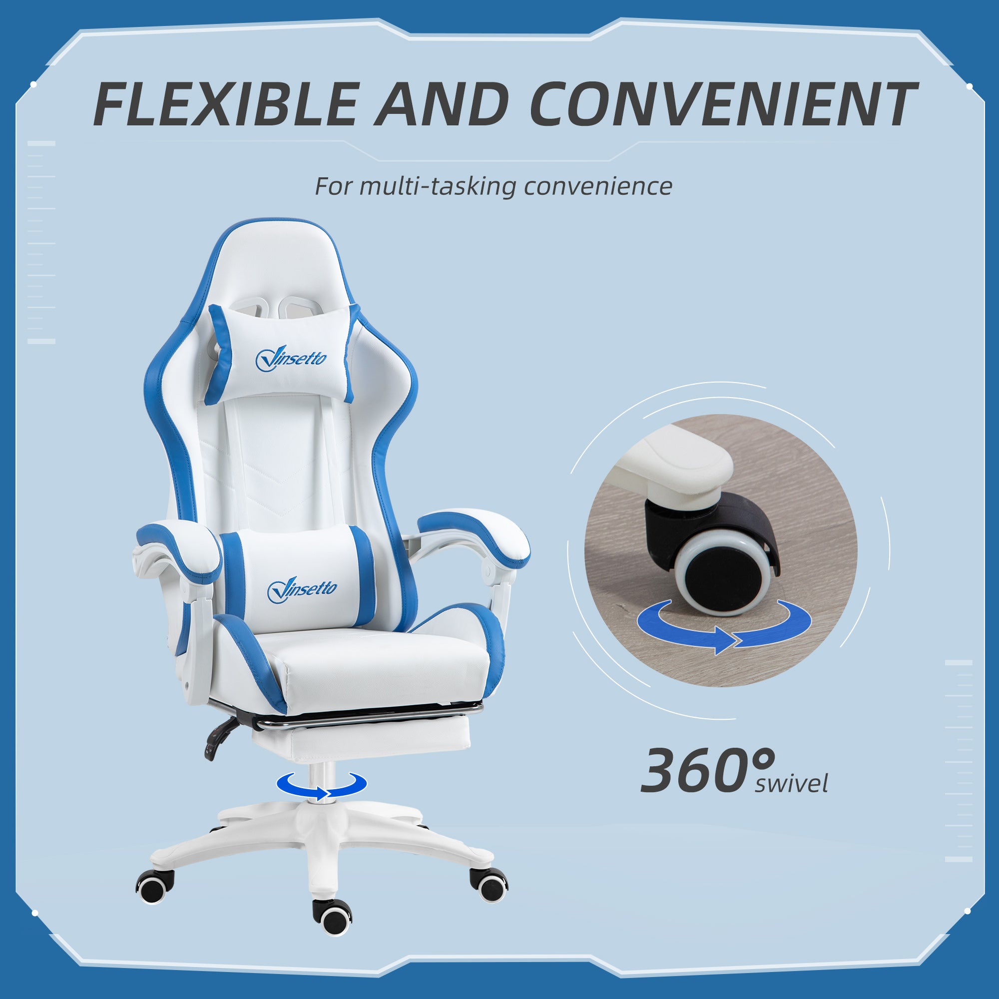 Vinsetto Computer Gaming Chair, PU Leather Desk Chair with Footrest, Swivel Task Chair with 135° Reclining Back and Lumbar Support, PC Chair for Adults, White and Blue - North Peak Garden Furniture