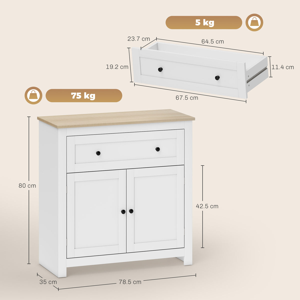 HOMCOM Sideboard Storage Cabinet, Morden Kitchen Cupboard with Adjustable Shelf, Drawer and Double Doors, Sideboard for Living Room, Dining Room, Hallway, White