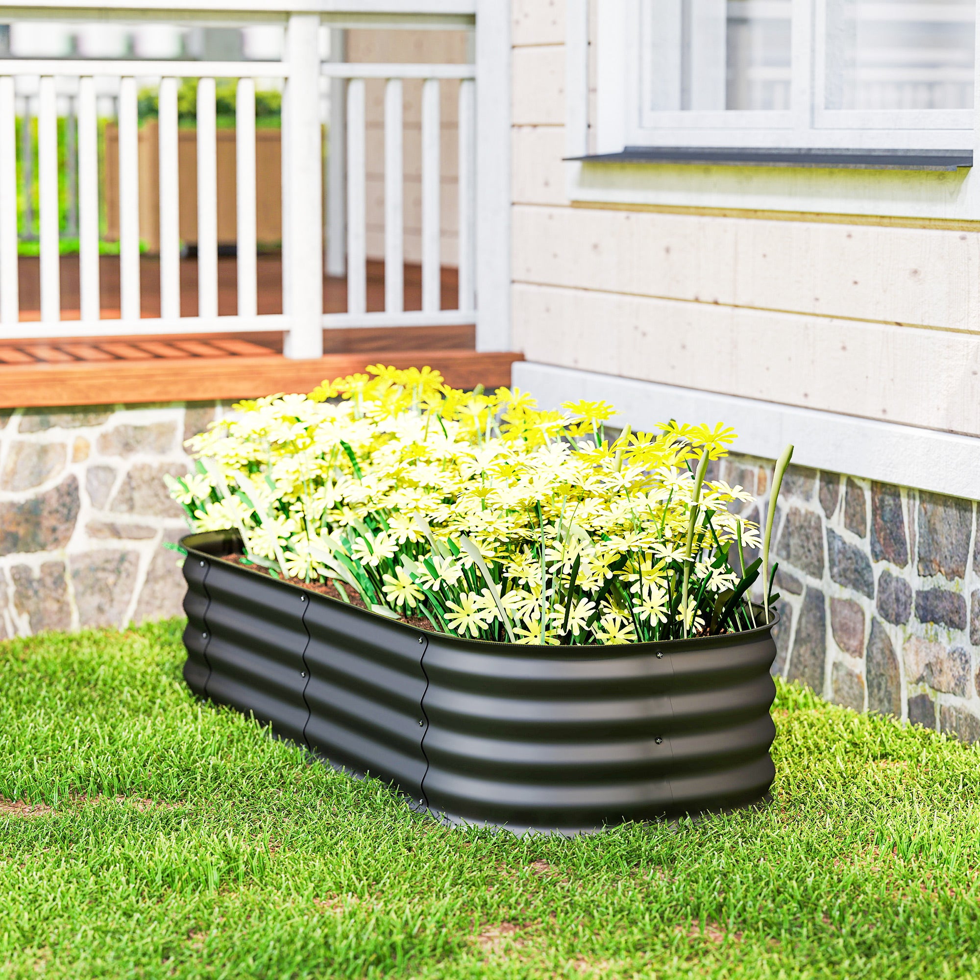 Outsunny Galvanised Raised Garden Bed, Metal Planter Box with Safety Edging, for Flowers, Herbs, Succulents, Dark Grey