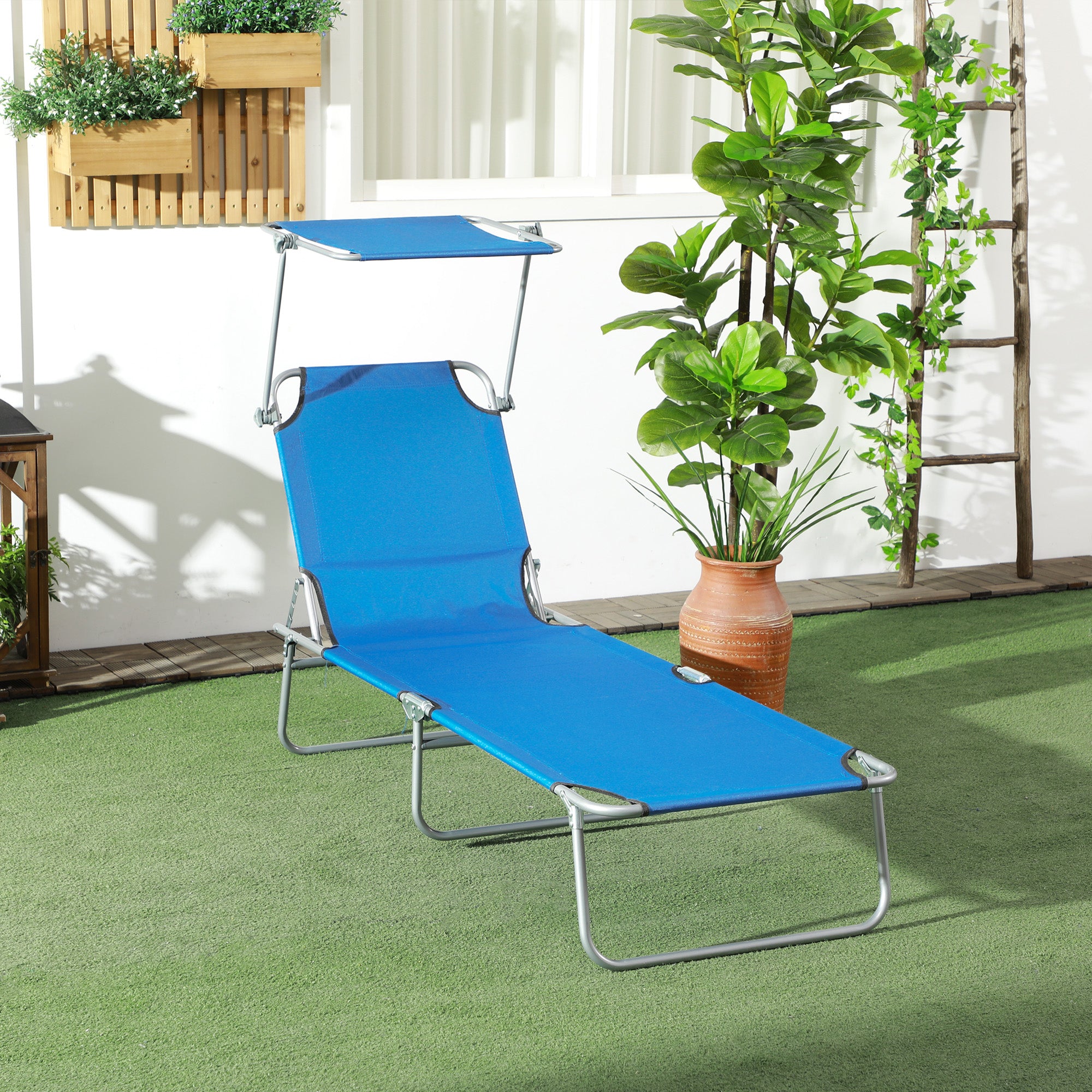 Outsunny Sun Lounger, with Adjustable Face Canopy - Bright Blue - North Peak Garden Furniture