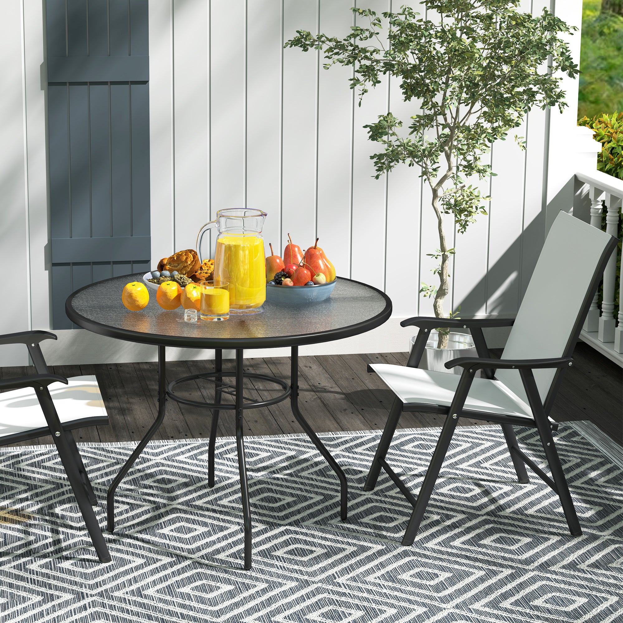 Outsunny 100 cm Round Dining Table with Parasol Hole, Outdoor Coffee End Side Table with Tempered Glass Top, Steel Frame for Garden, Black - North Peak Garden Furniture